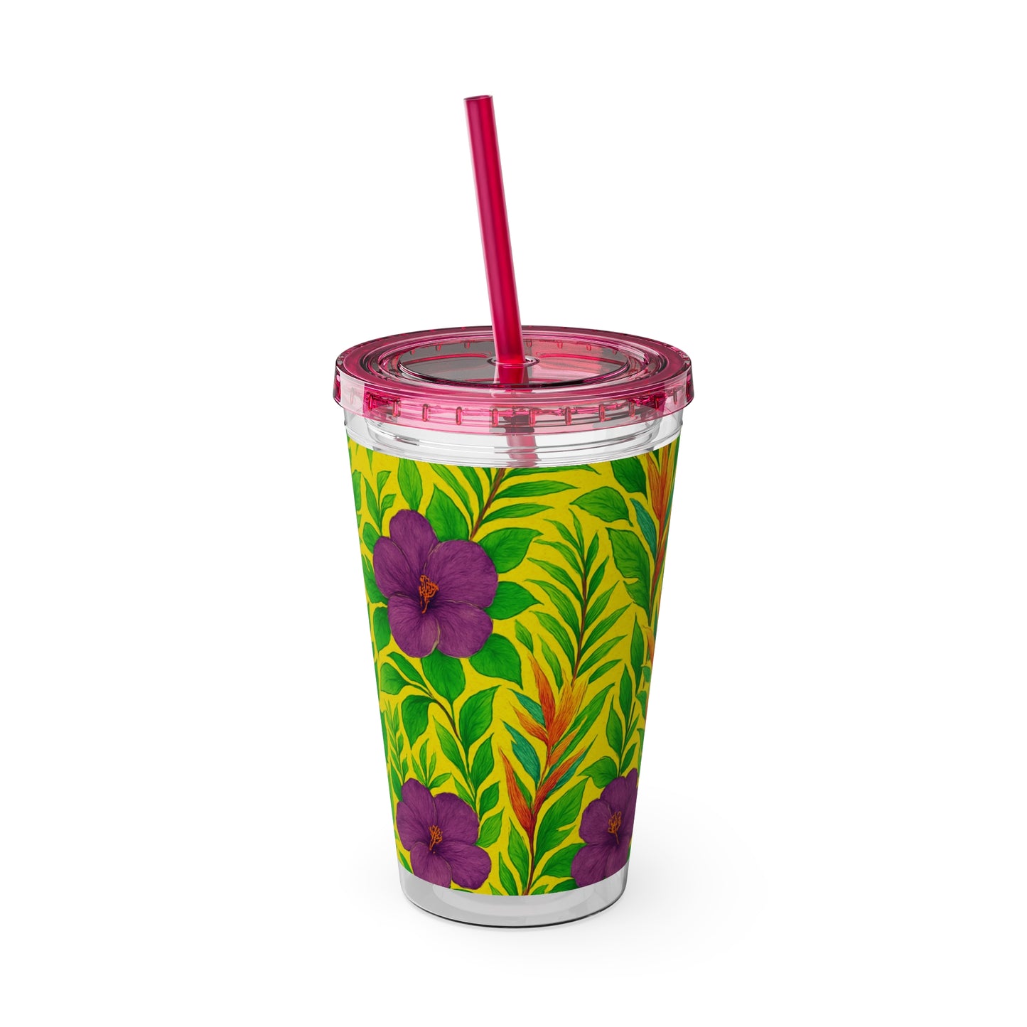 Tropical Tumbler with Straw | 16oz Colorful Travel Cup / Midnight Flower Yellow