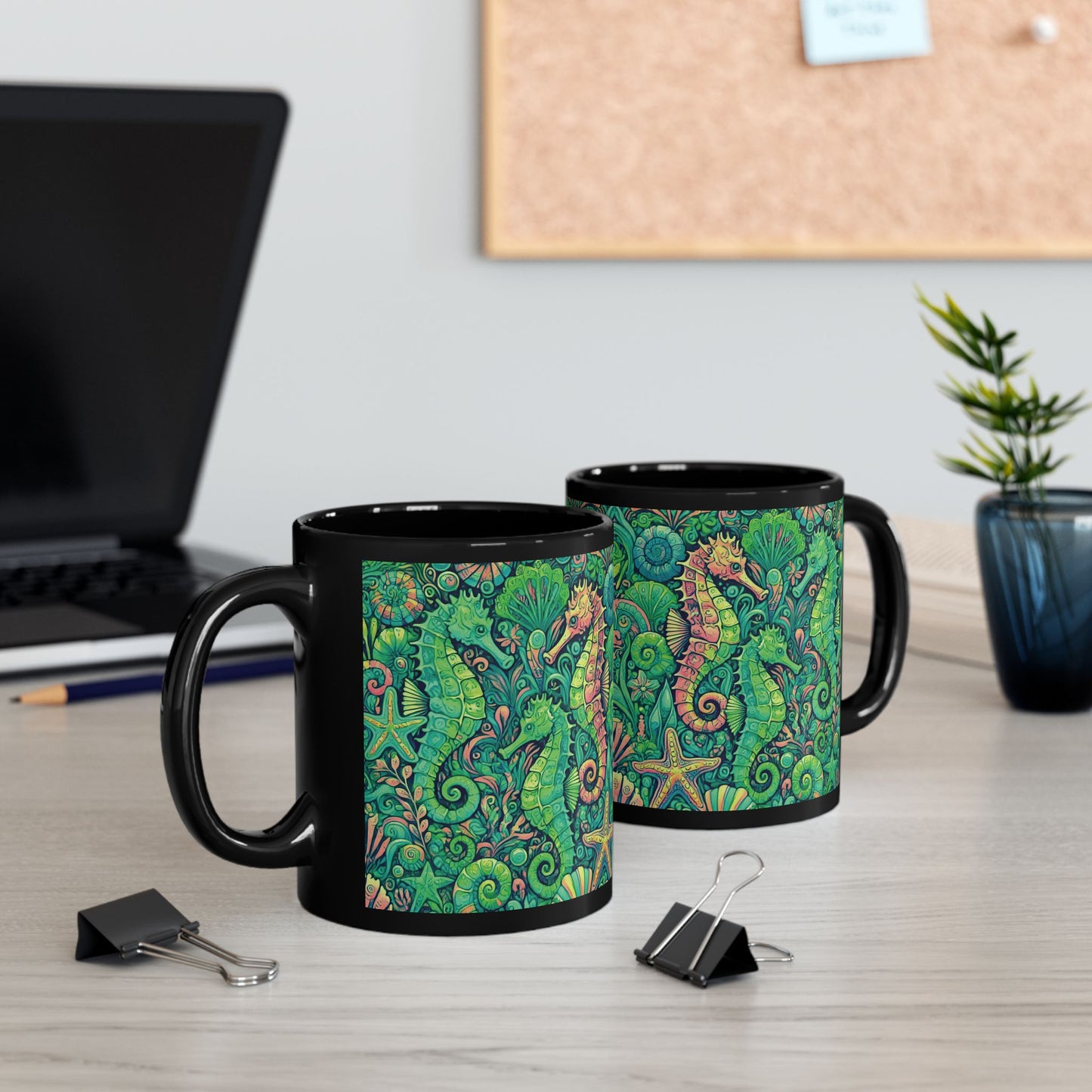 Black Coffee Mug - Seahorse Trio, Lime