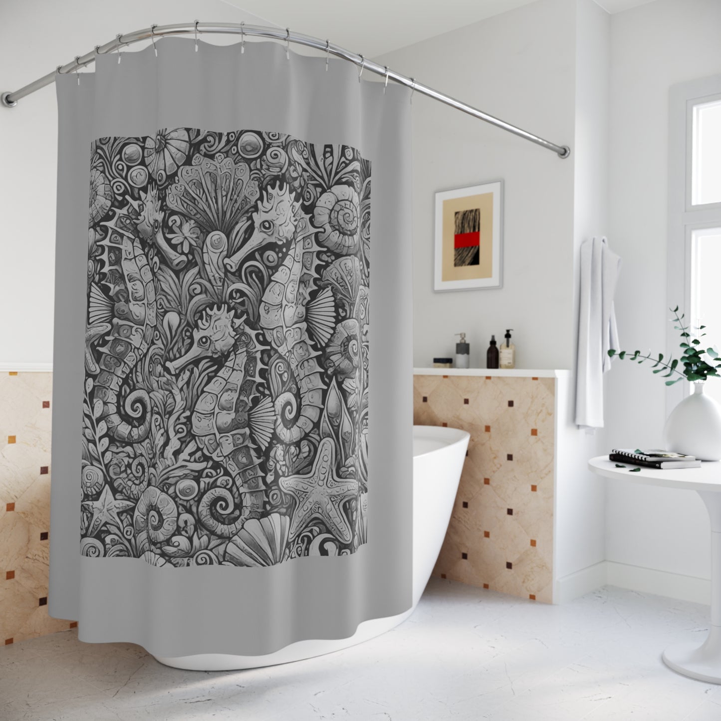 Tropical Shower Curtain - Ocean Bathroom Decor / Seahorse Trio Noir/Lt. Grey