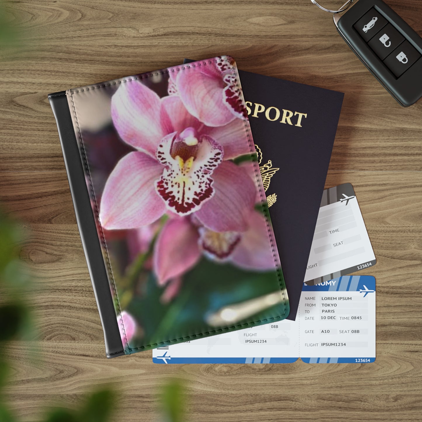 Tropical Passport Cover, Faux Leather - RFID blocking for travel security / Pink Orchid Photo
