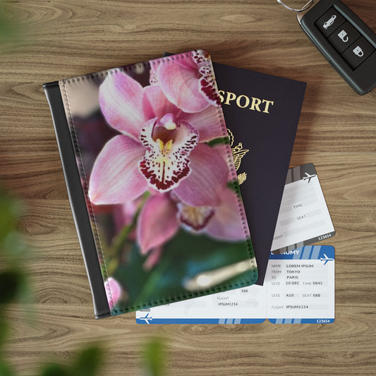 Tropical Passport Cover, Faux Leather - RFID blocking for travel security / Pink Orchid Photo