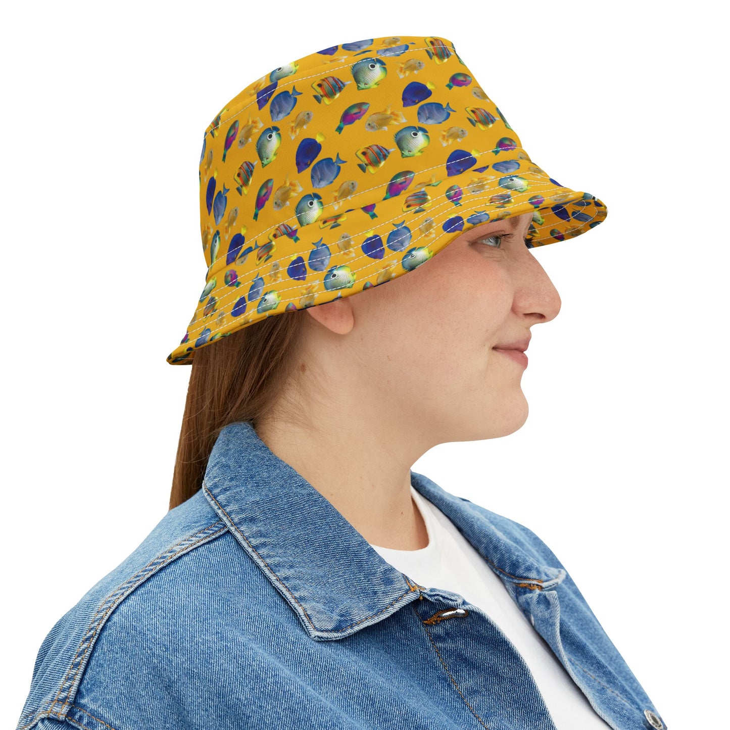 Tropical Polyester Bucket Hat, 2 Sizes - School of Fish / Yellow