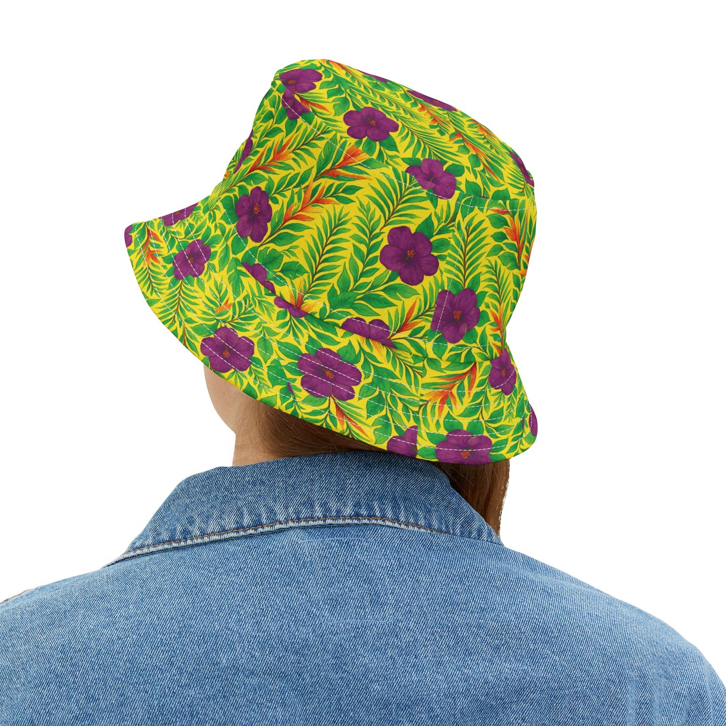 Tropical Polyester Bucket Hat, 2 Sizes - Midnight Flower Yellow