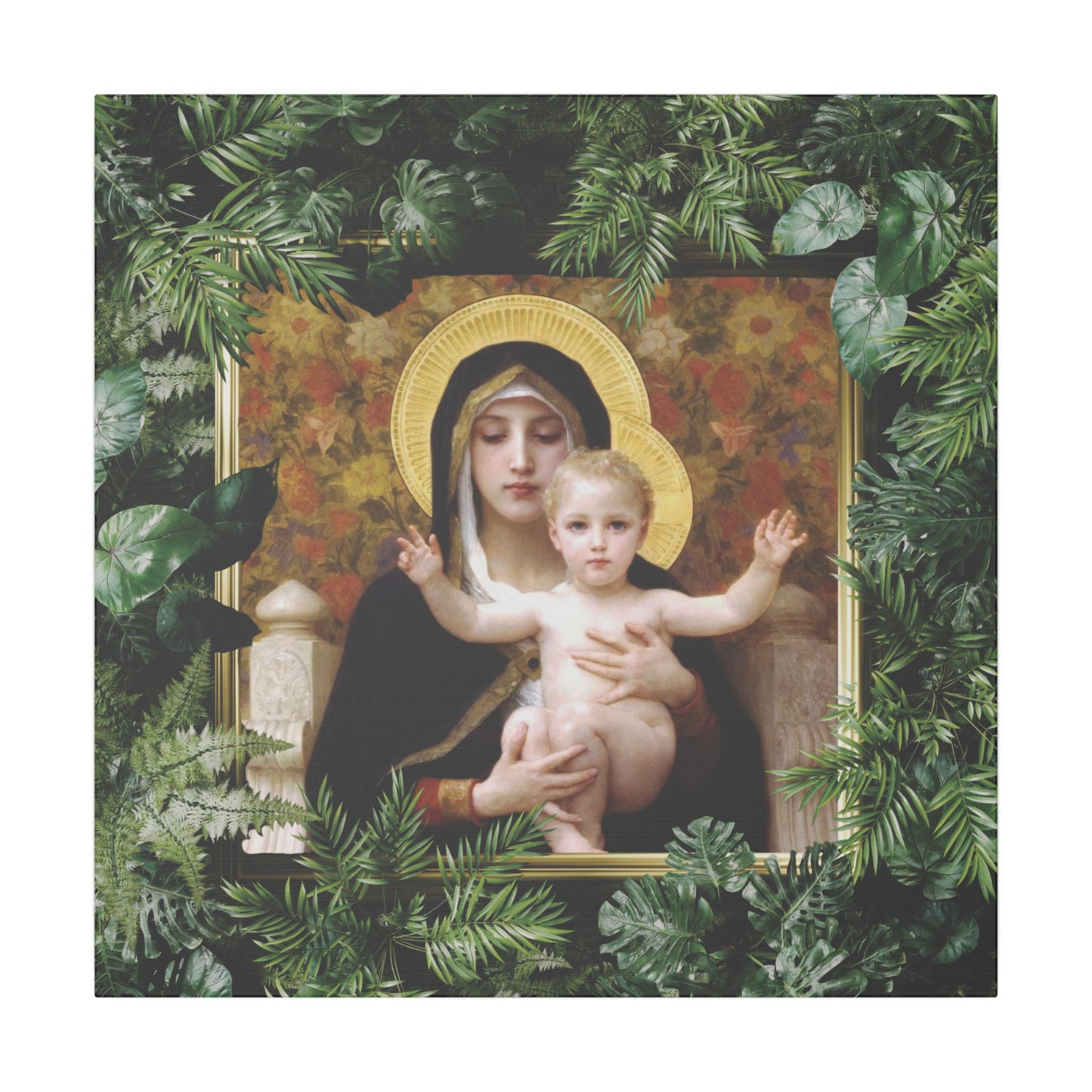 "Tropical Madonna of Lilies" Religious Canvas Artwork - Stretched Canvas Print / Virgin Mary & Jesus