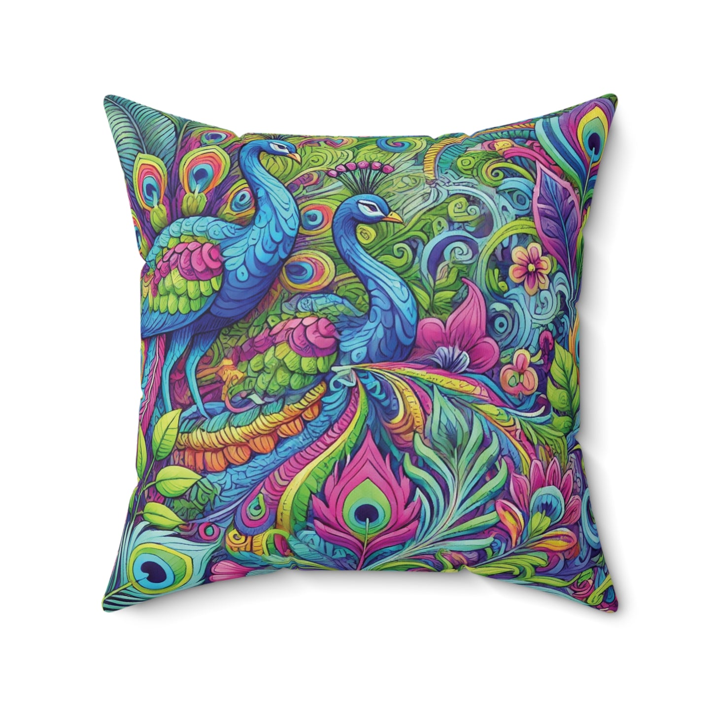 Spun Polyester Square Pillow - Rainforest Peacocks Pop