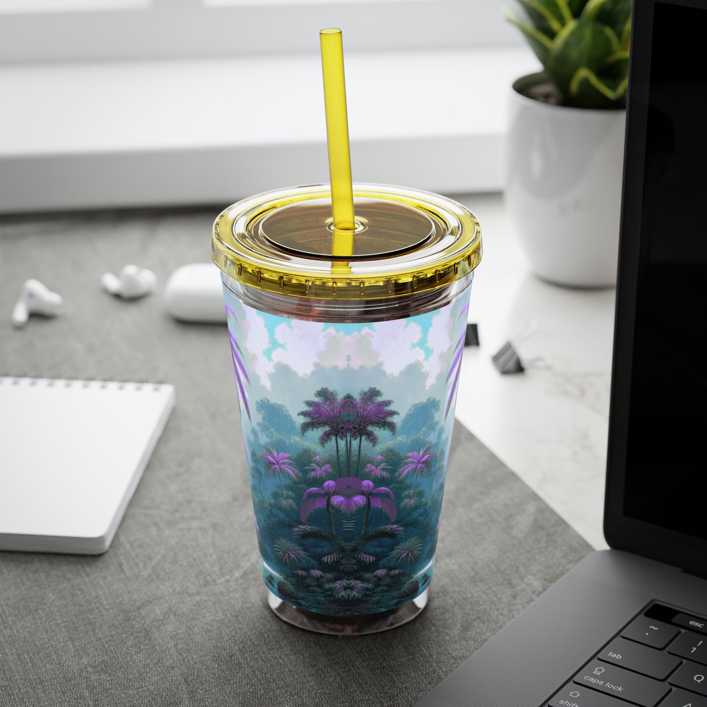 Tropical Tumbler with Straw | 16oz Colorful Travel Cup / Sleeping Parrot/Fantasy