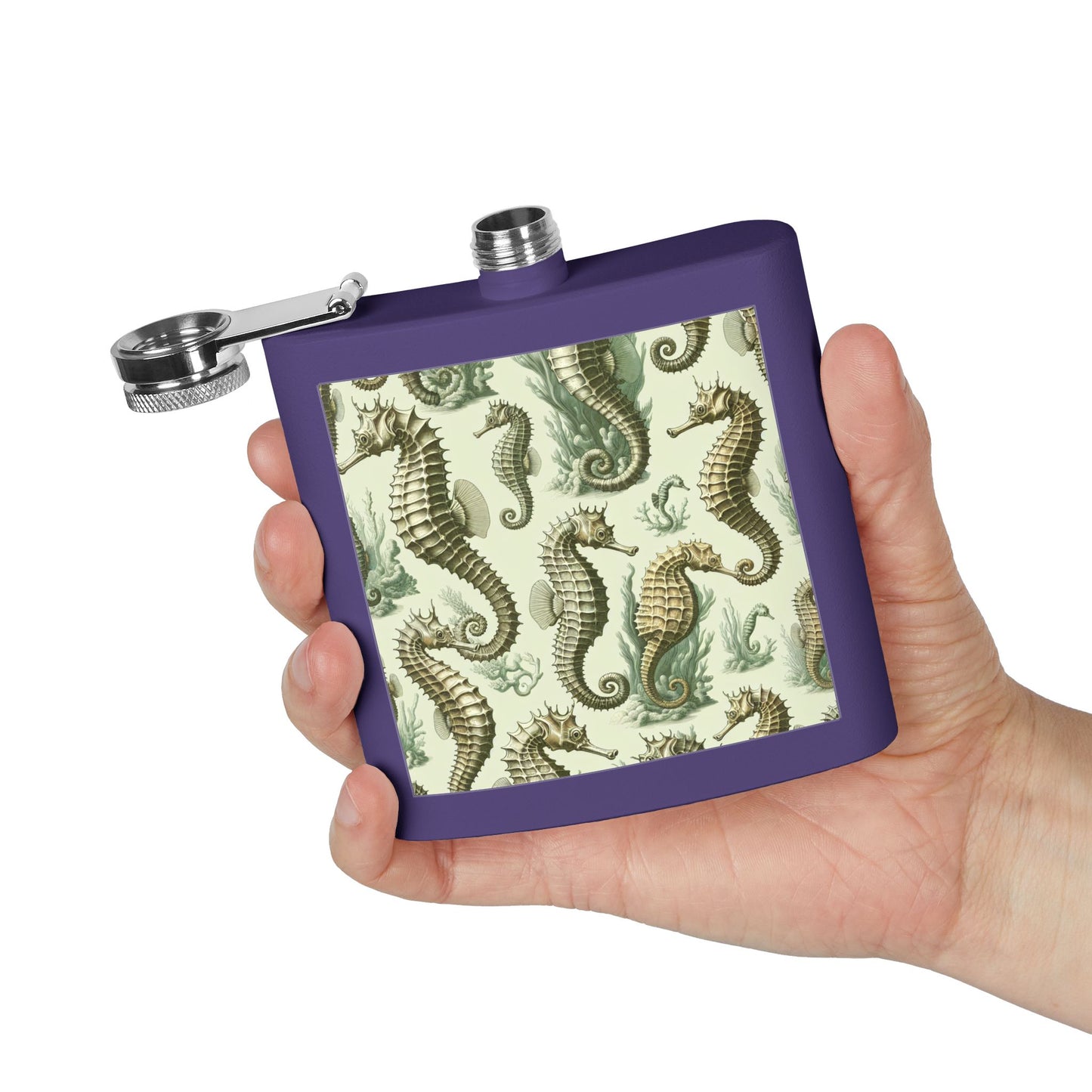 Tropical Stainless Steel 6 oz. Flask, Many Colors  – Green Toile Seahorses