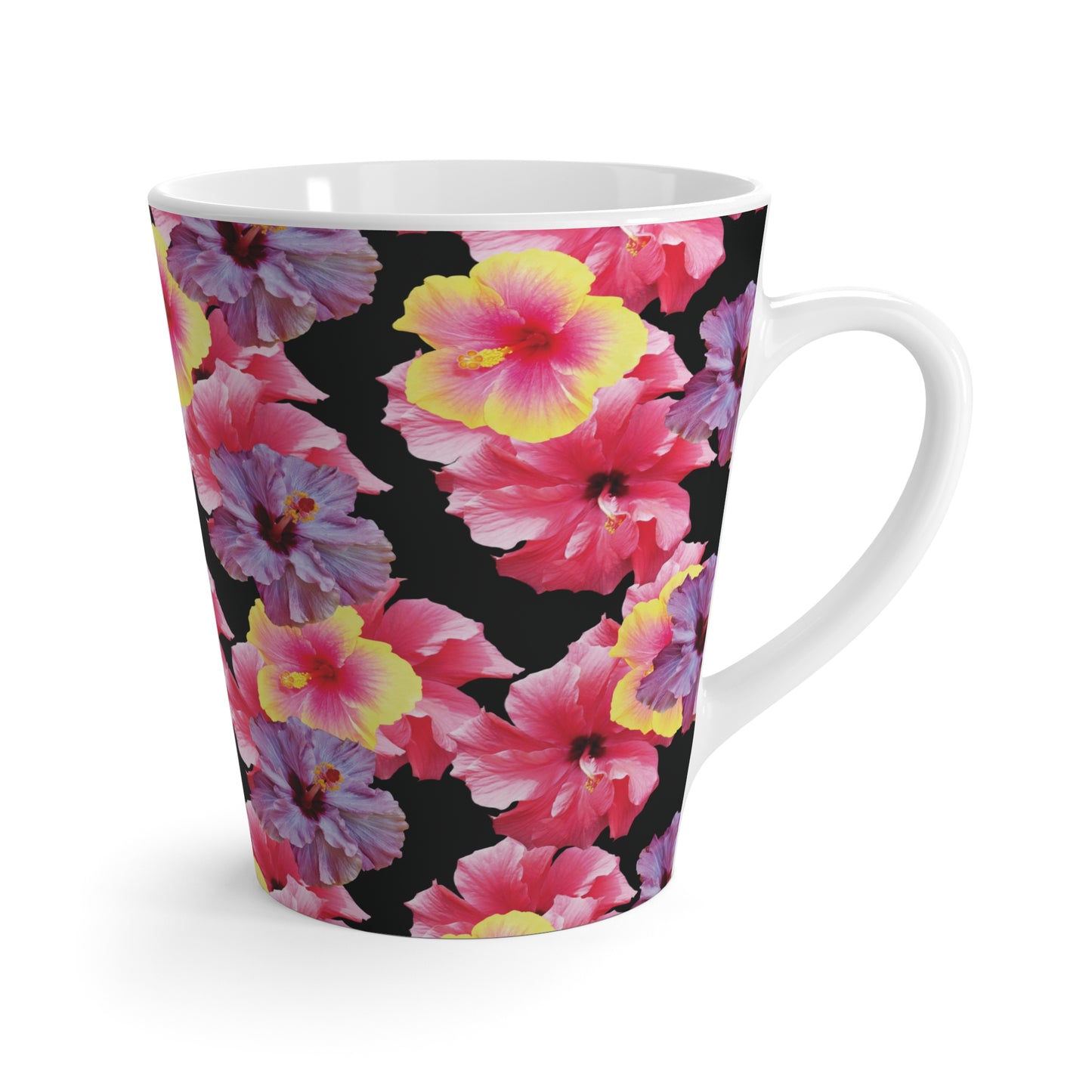 Latte White Mug - Real Hisbiscus Flowers Trio/Black