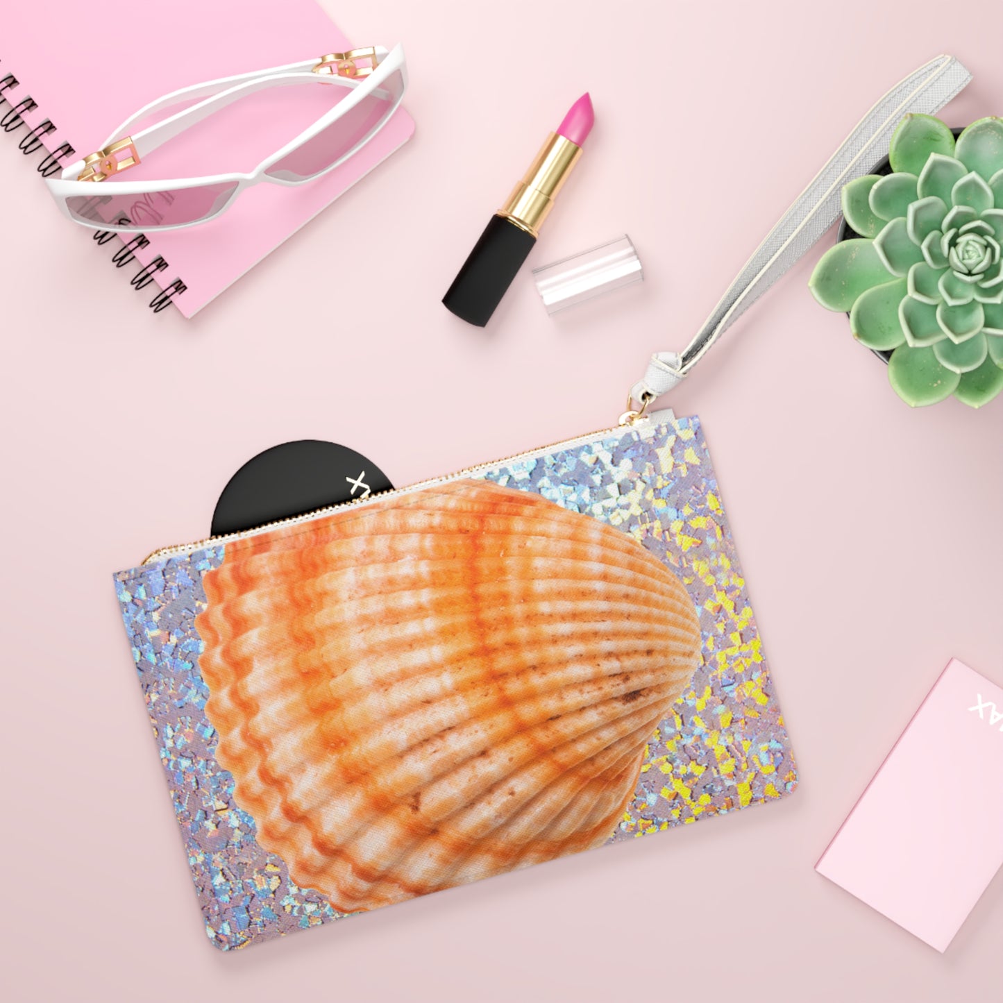 Tropical Faux Leather Clutch Bag - Perfect for Beach Adventures & Summer Vacations / Disco Orange Scallop Shell