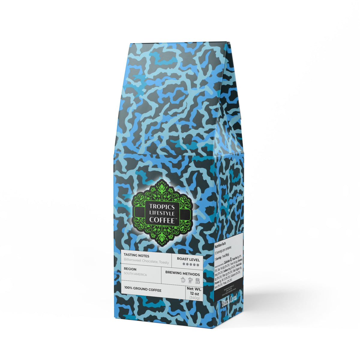 Black Coral Blend™ (Dark French Roast) Specialty Grade Craft Coffee / Coral Threads, Blue