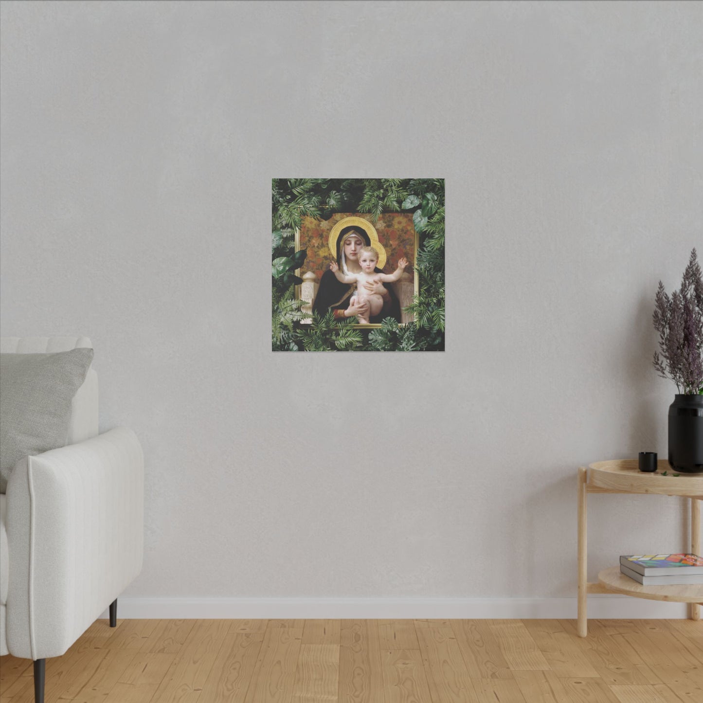 "Tropical Madonna of Lilies" Religious Canvas Artwork - Stretched Canvas Print / Virgin Mary & Jesus