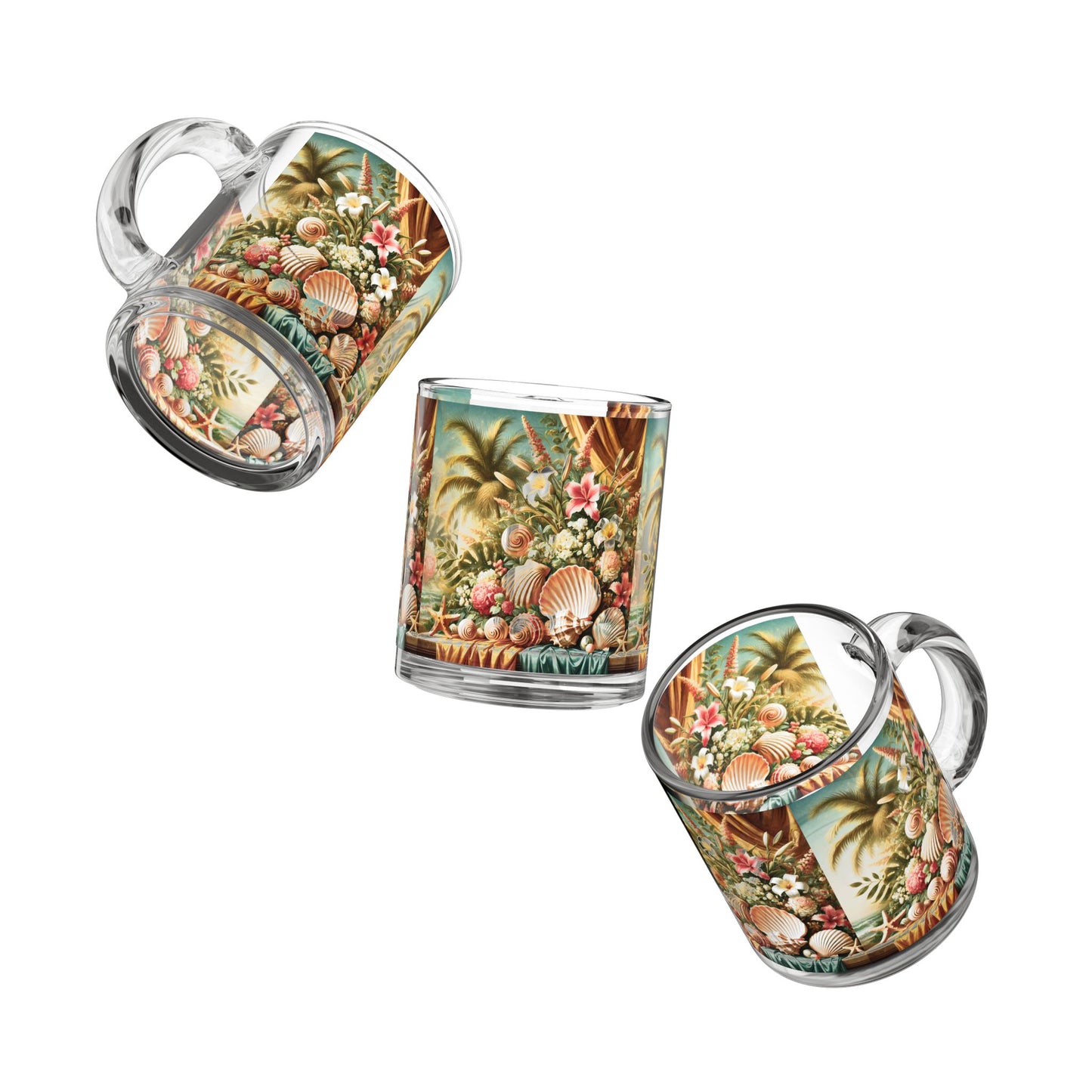 Tropical Glass Mug - 10oz Coffee Cup / Shell and Flower Tablescape