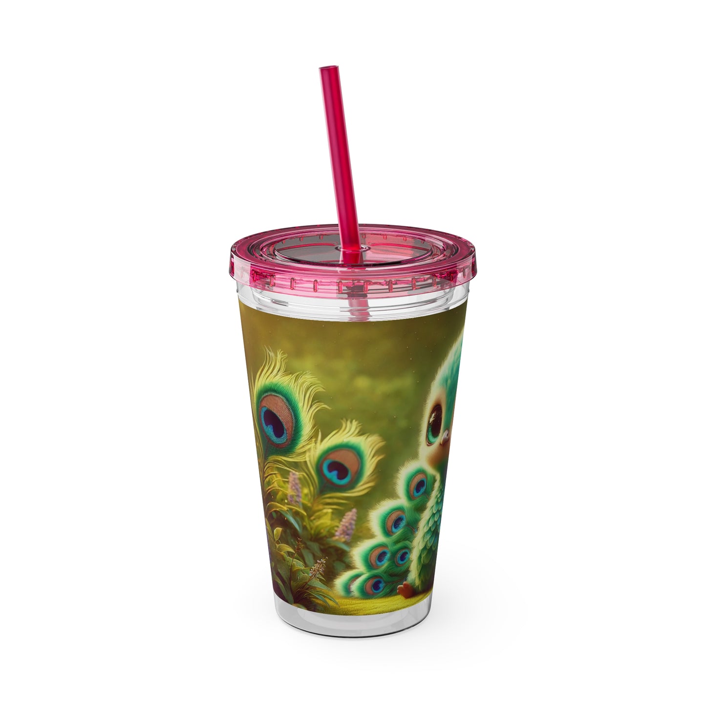 Tropical Tumbler with Straw | 16oz Colorful Travel Cup / Baby Peacock