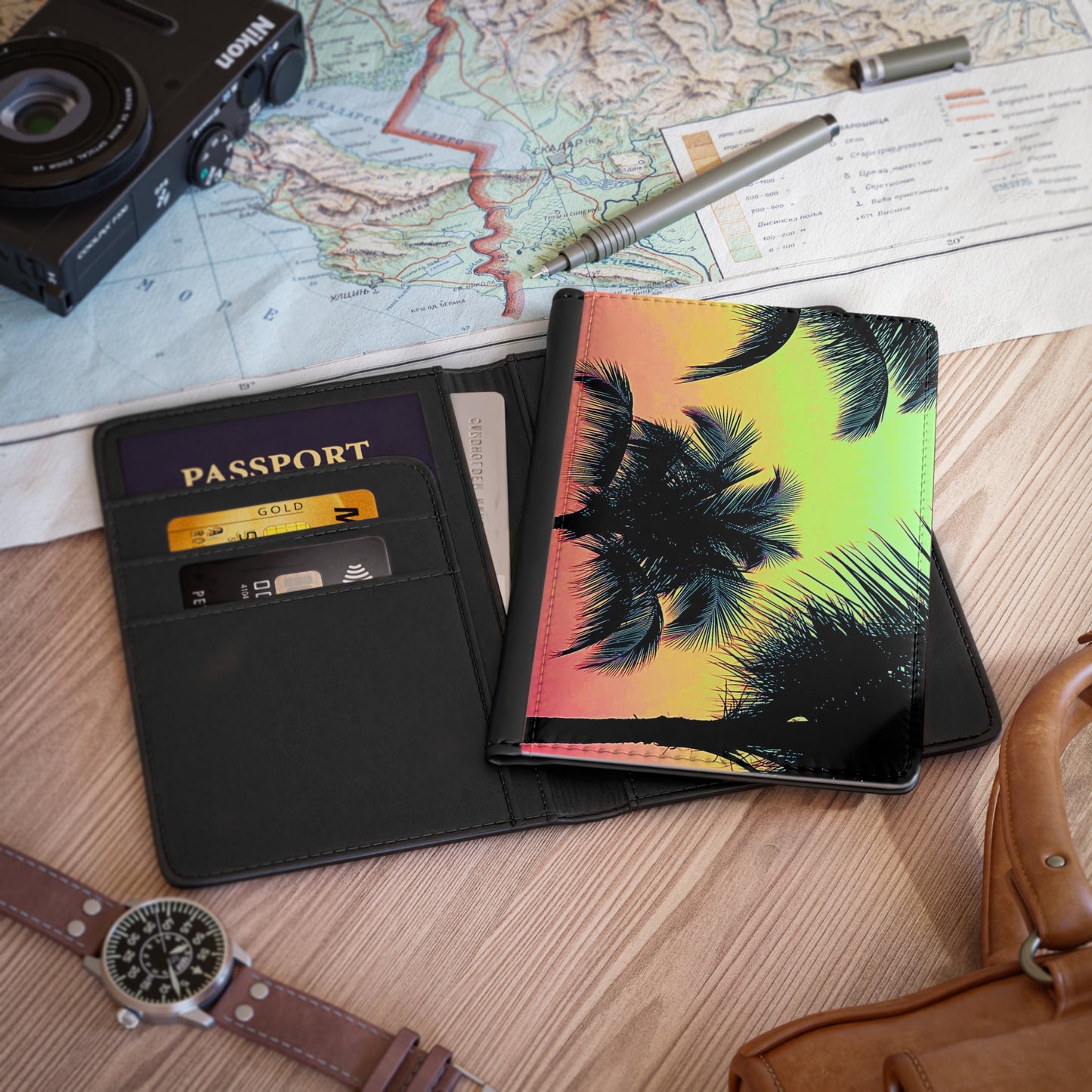 Tropical Passport Cover, Faux Leather - RFID blocking for travel security / Palm Glow, Sangria