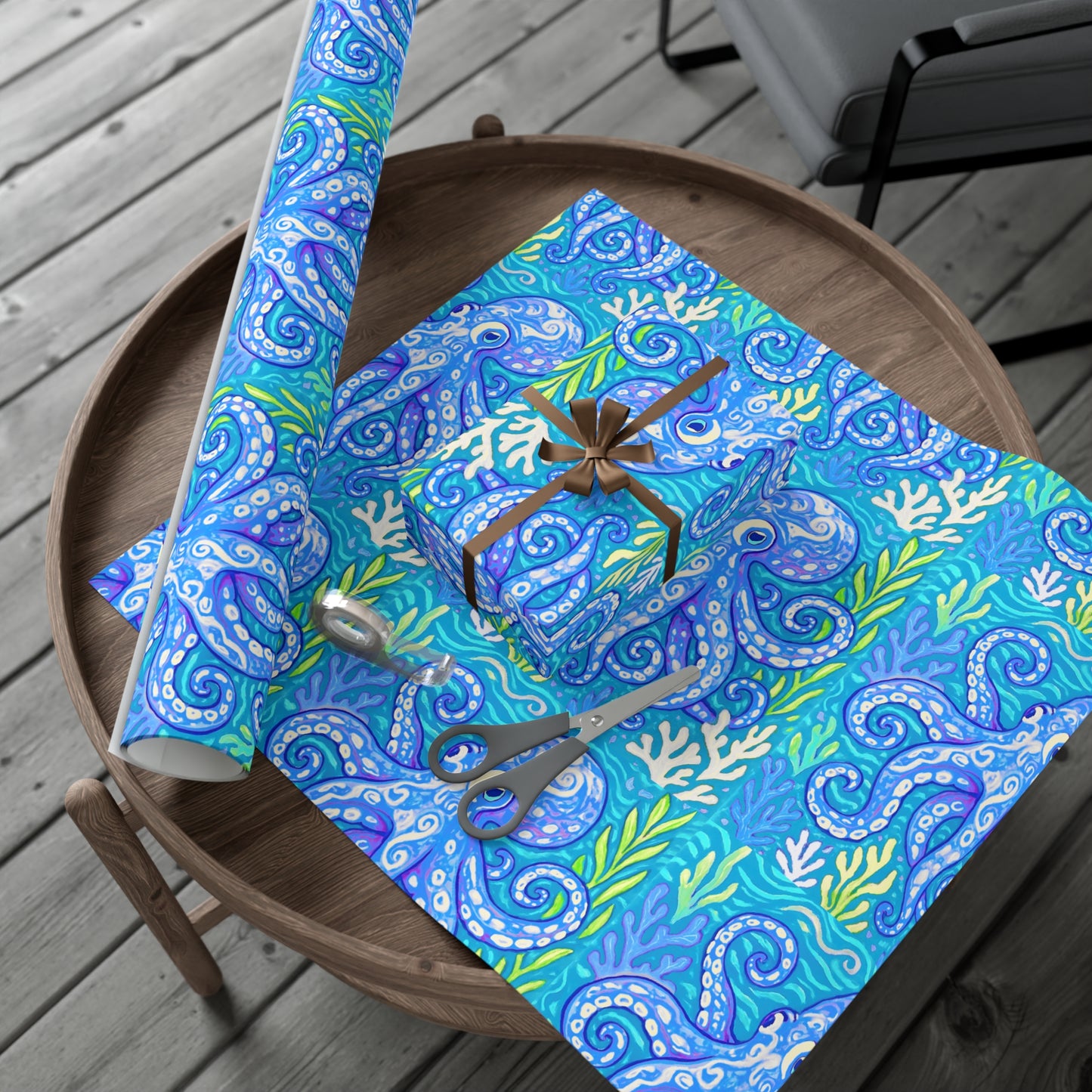 Wrapping Paper - Tropical Gift Wrap for All Occasions / 3 Sizes, 2 Finishes / Octopus Kraken Joe, Blue
