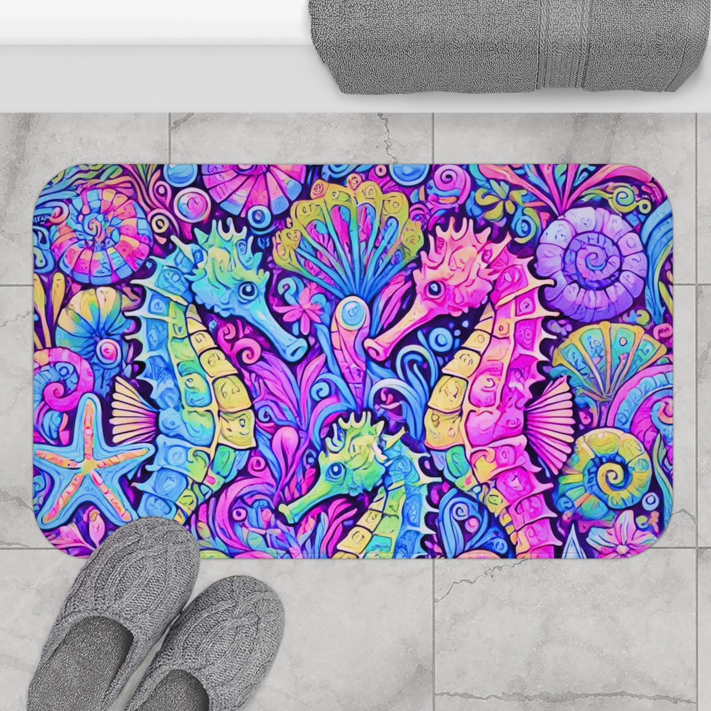 Seahorse Trio/Fantasy Pop Bath Mat, 2 Sizes - Tropical Vibes for Home Decor