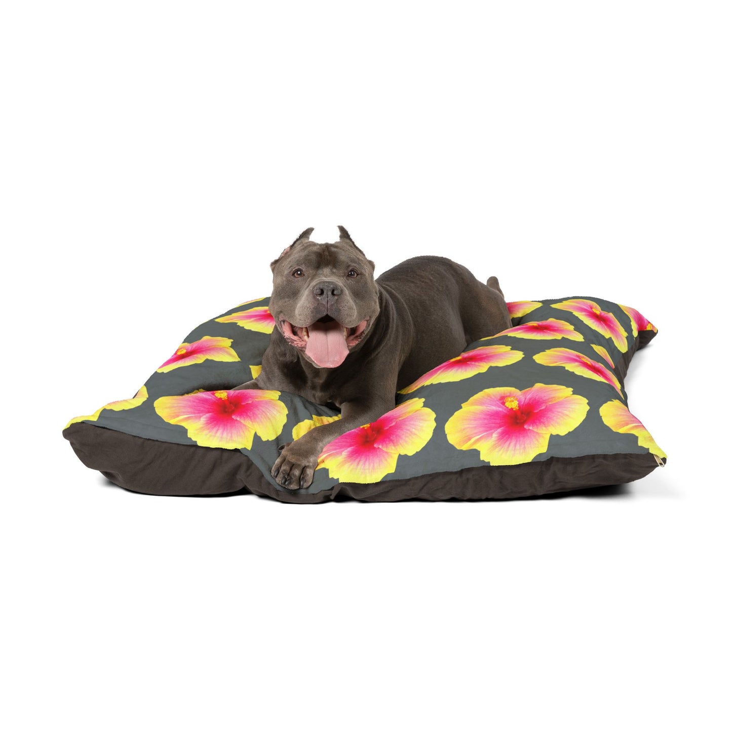 Pet Bed - Cozy and Fun Dog or Cat Bed for Beach Lovers / Real Yellow & Pink Hibiscus/Dark Grey