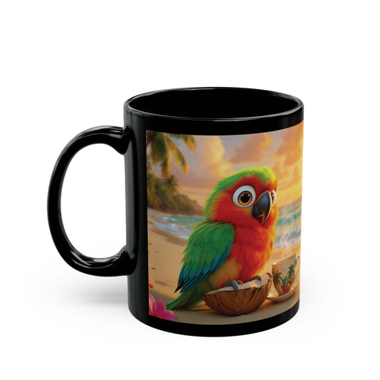 Black Coffee Mug - Tiki the Parrot on the Beach