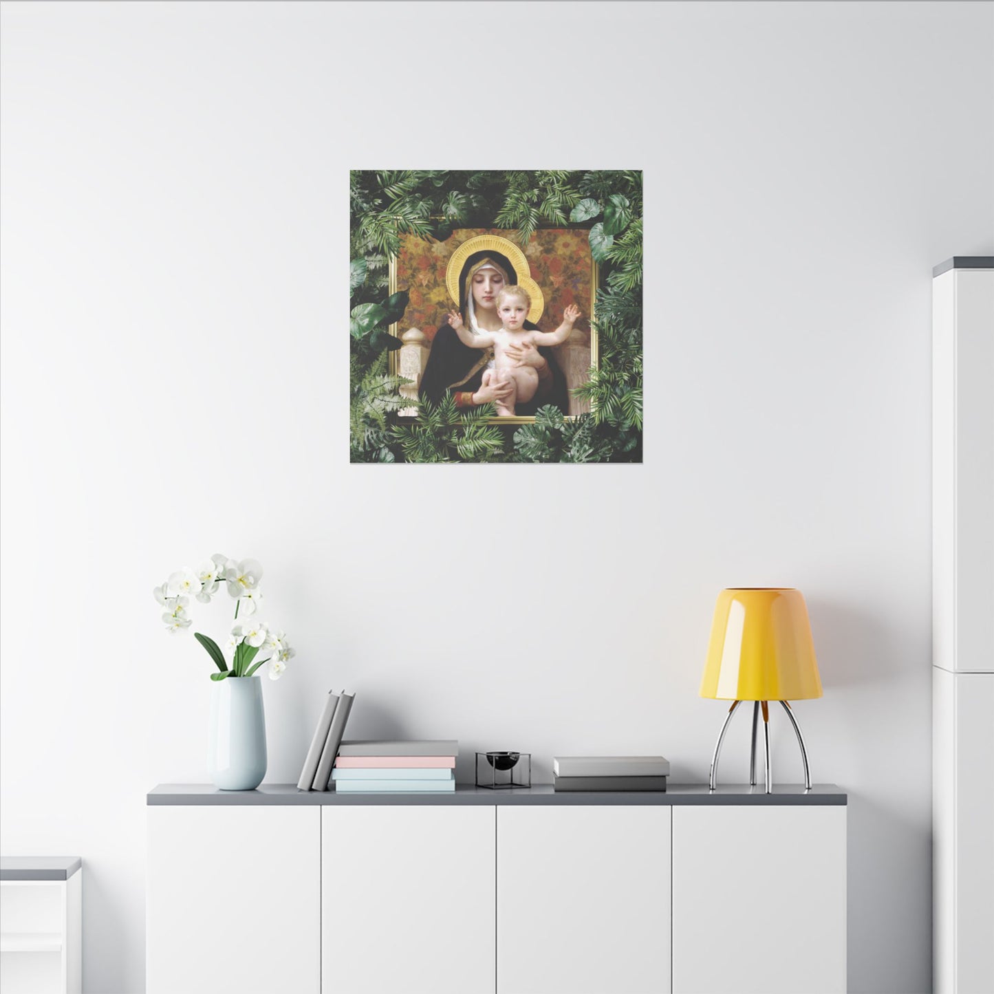 "Tropical Madonna of Lilies" Religious Canvas Artwork - Stretched Canvas Print / Virgin Mary & Jesus