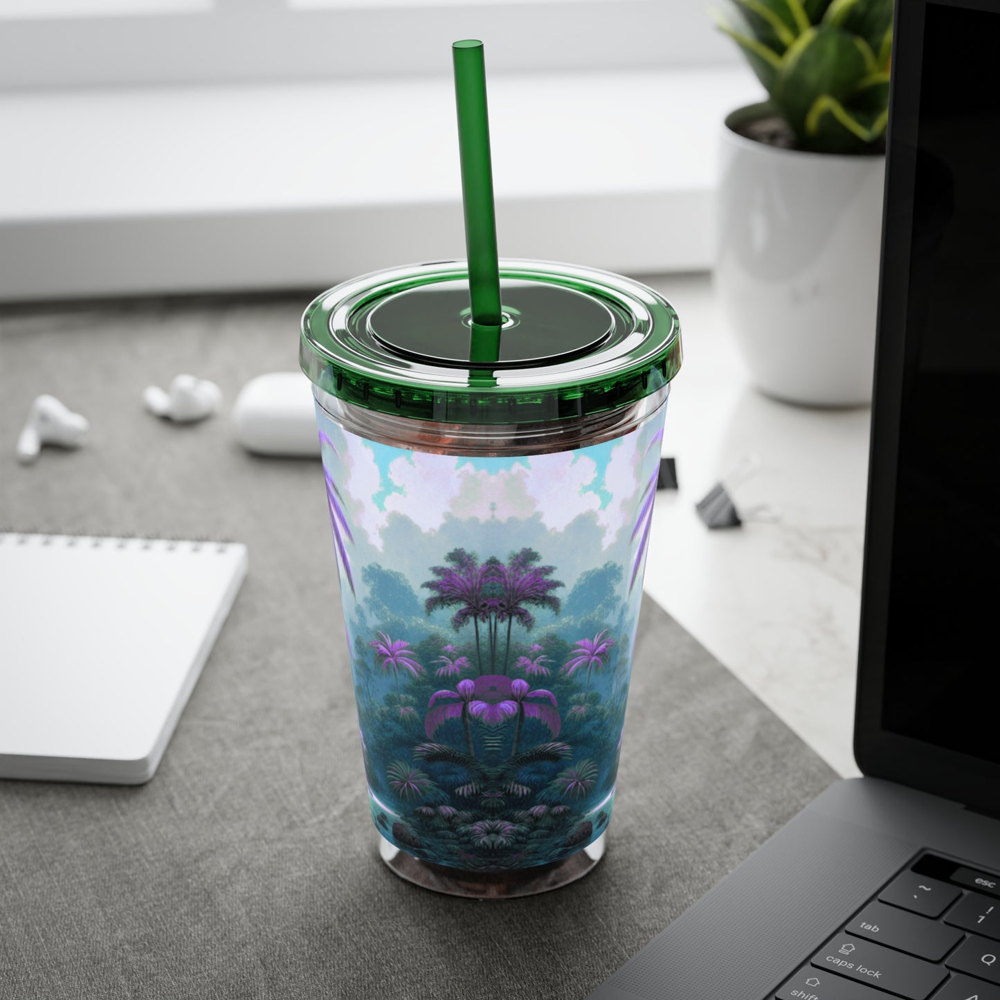 Tropical Tumbler with Straw | 16oz Colorful Travel Cup / Sleeping Parrot/Fantasy