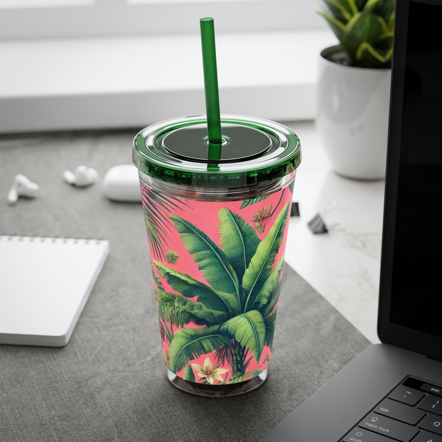 Tropical Tumbler with Straw | 16oz Colorful Travel Cup / More Tropical Fruit, Coral