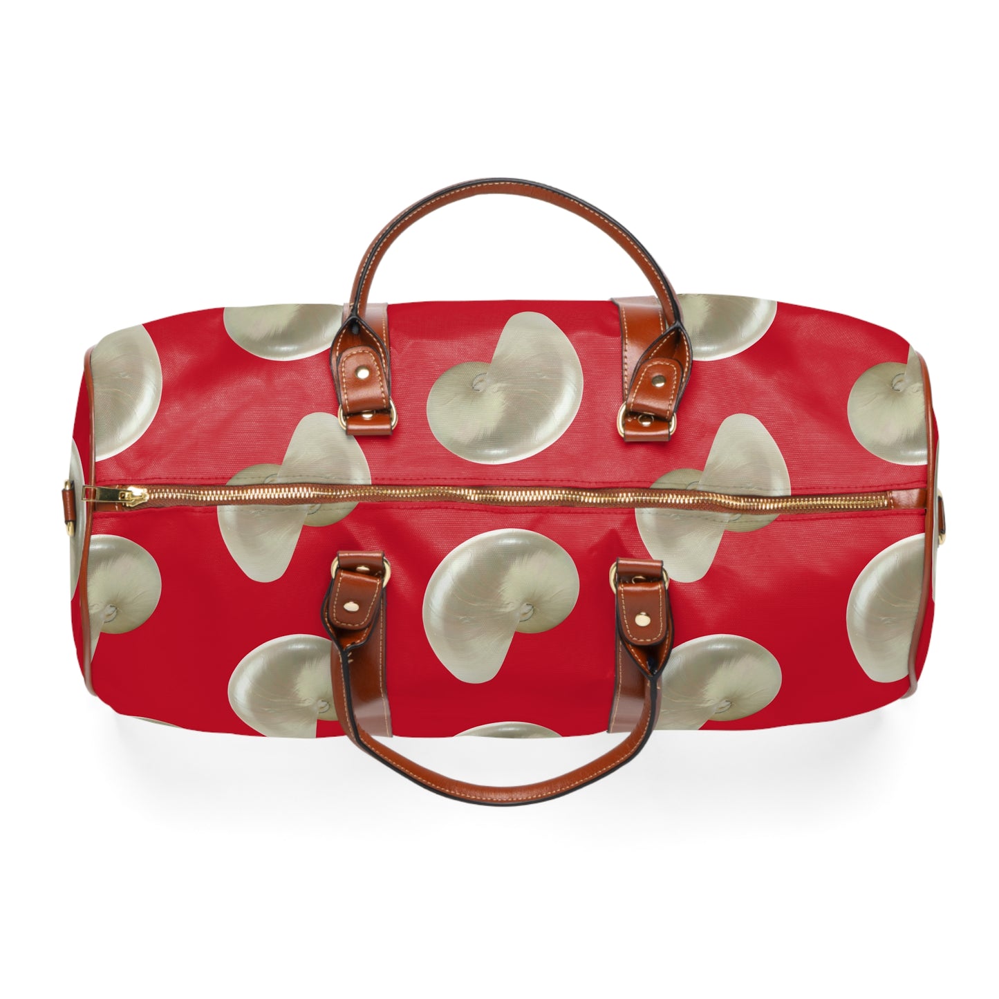 Tropical Waterproof Travel Bag - Perfect for Beach Getaways / Real White Nautilus Shells, Dark Red