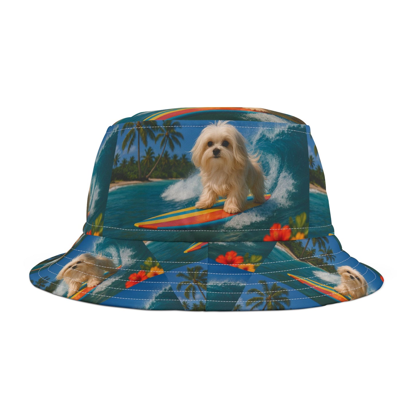 Tropical Polyester Bucket Hat, 2 Sizes - Puppy Ariel the Dog Surfer