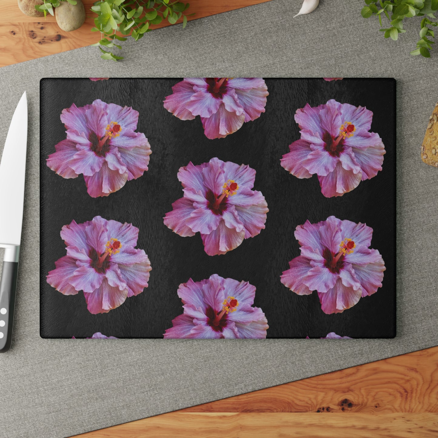 Glass Cutting Board, 2 sizes - Real Purple Hibiscus/Black