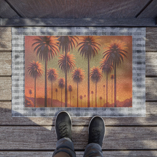 Tropical Palm Tree Doormat - Vibrant Coconut Fiber Entrance Mat / Sunset Palms