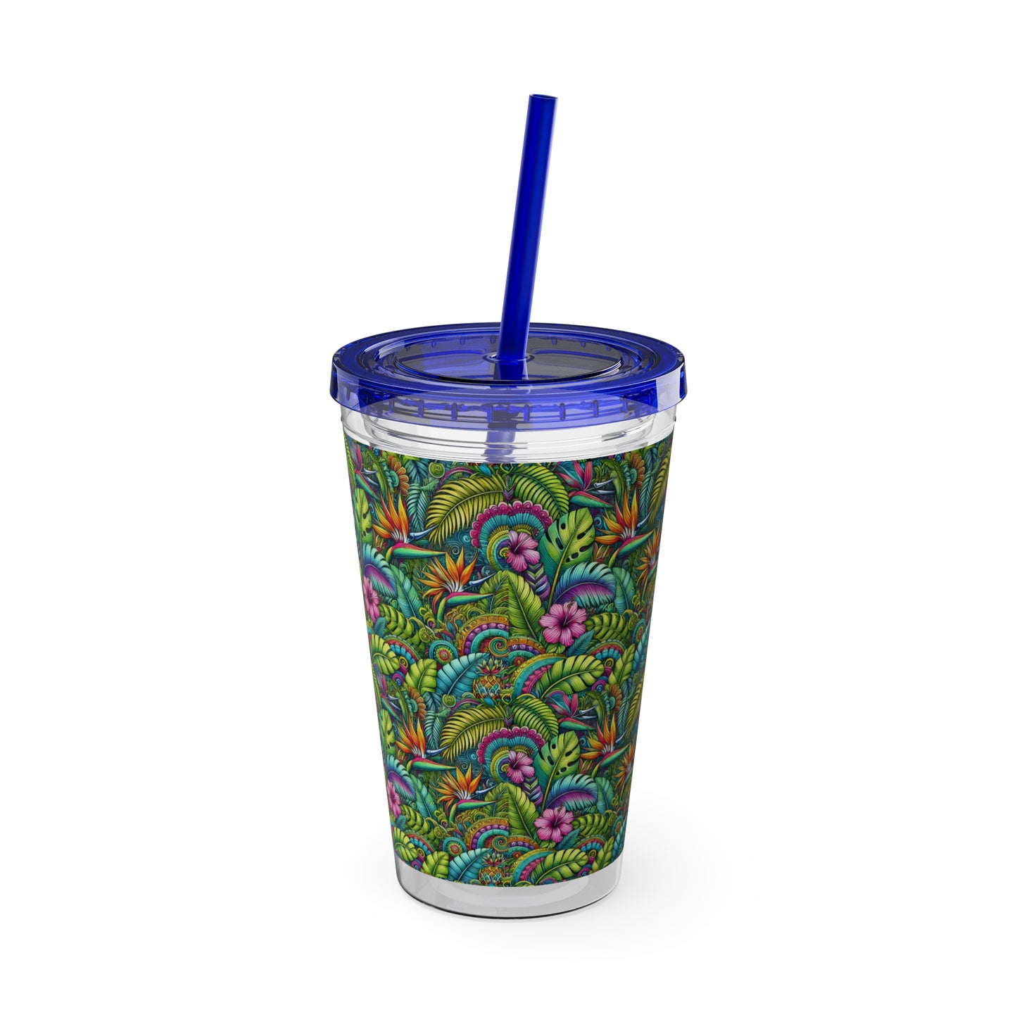 Tropical Tumbler with Straw | 16oz Colorful Travel Cup / Rainforest Blooms