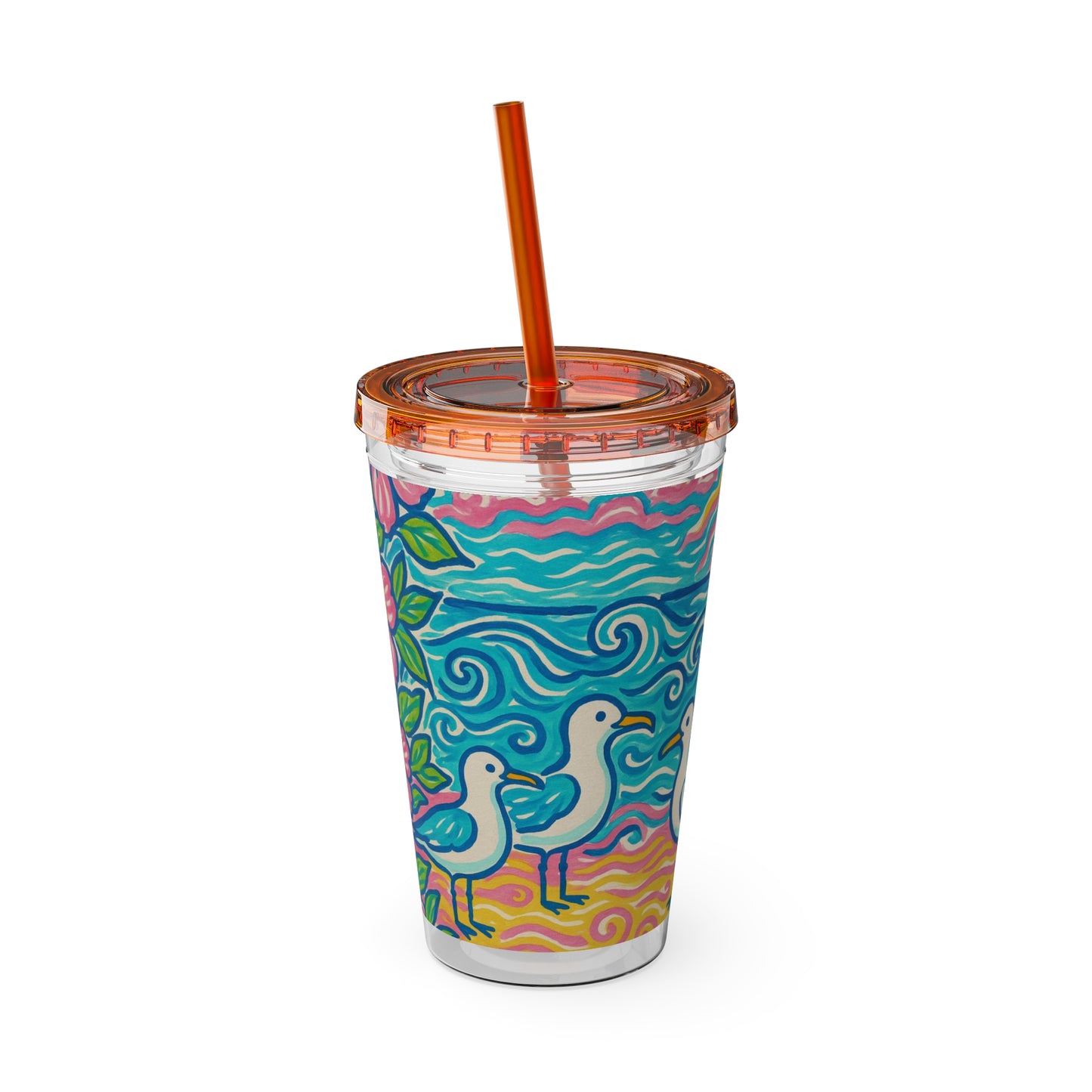 Tropical Tumbler with Straw | 16oz Colorful Travel Cup / Tropical Beach Seagulls