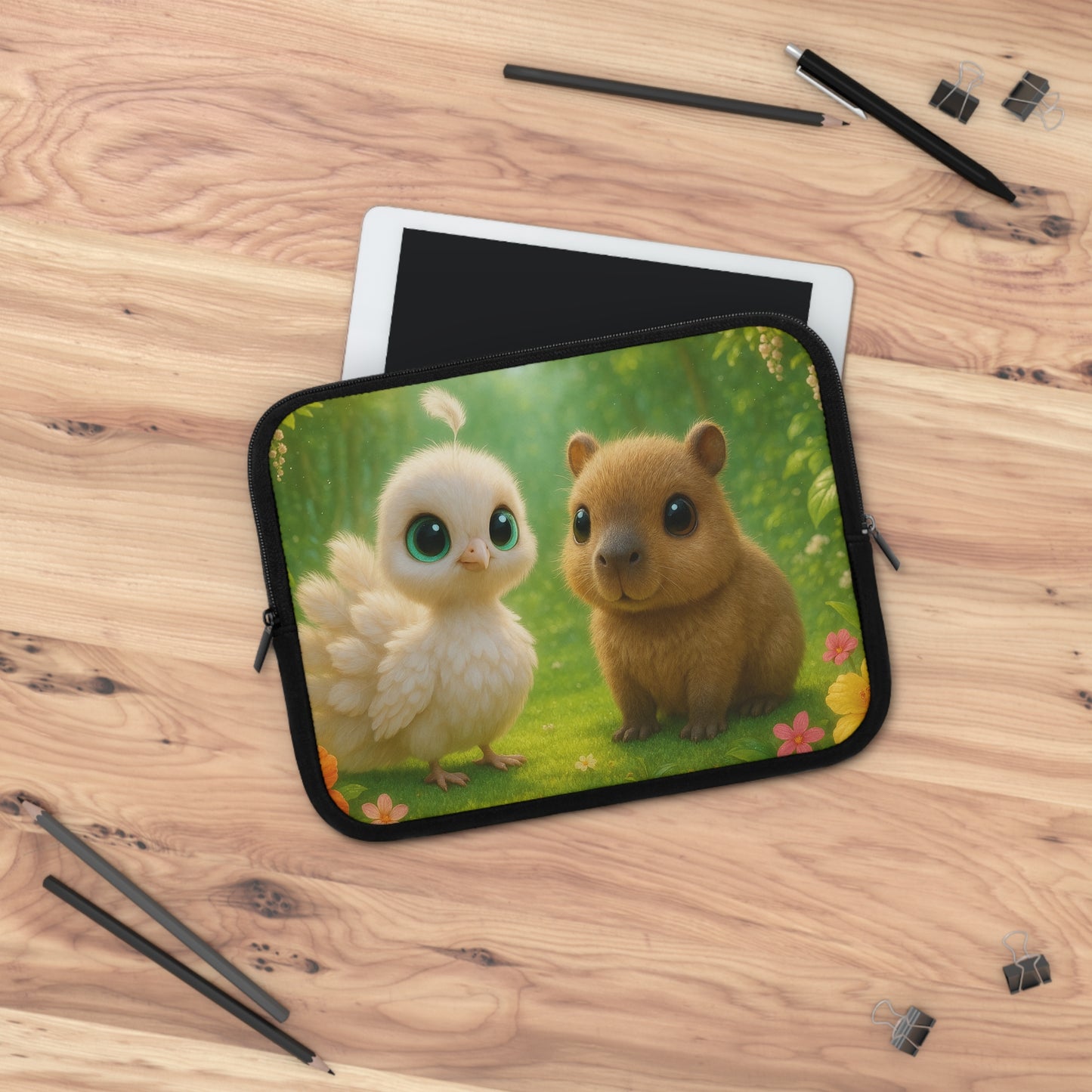 Tropical Laptop Sleeve, 5 Sizes - Perfect for Beach Lovers & Students / Baby White Peacock and Baby Capybara