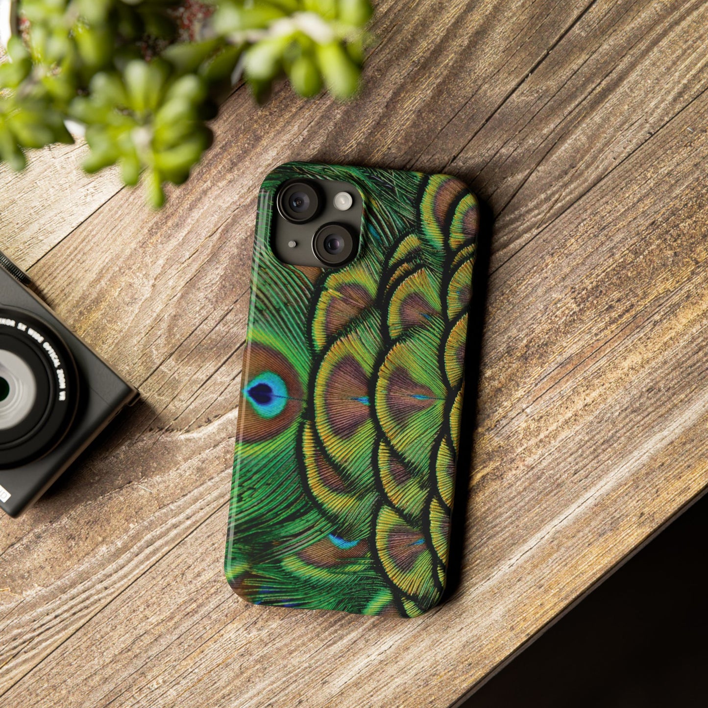 Slim Phone Cases - Brilliant Green Peacock Feathers