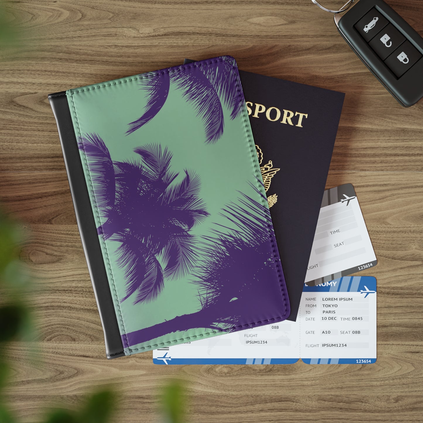 Tropical Passport Cover, Faux Leather - RFID blocking for travel security / Palm Glow, Minty