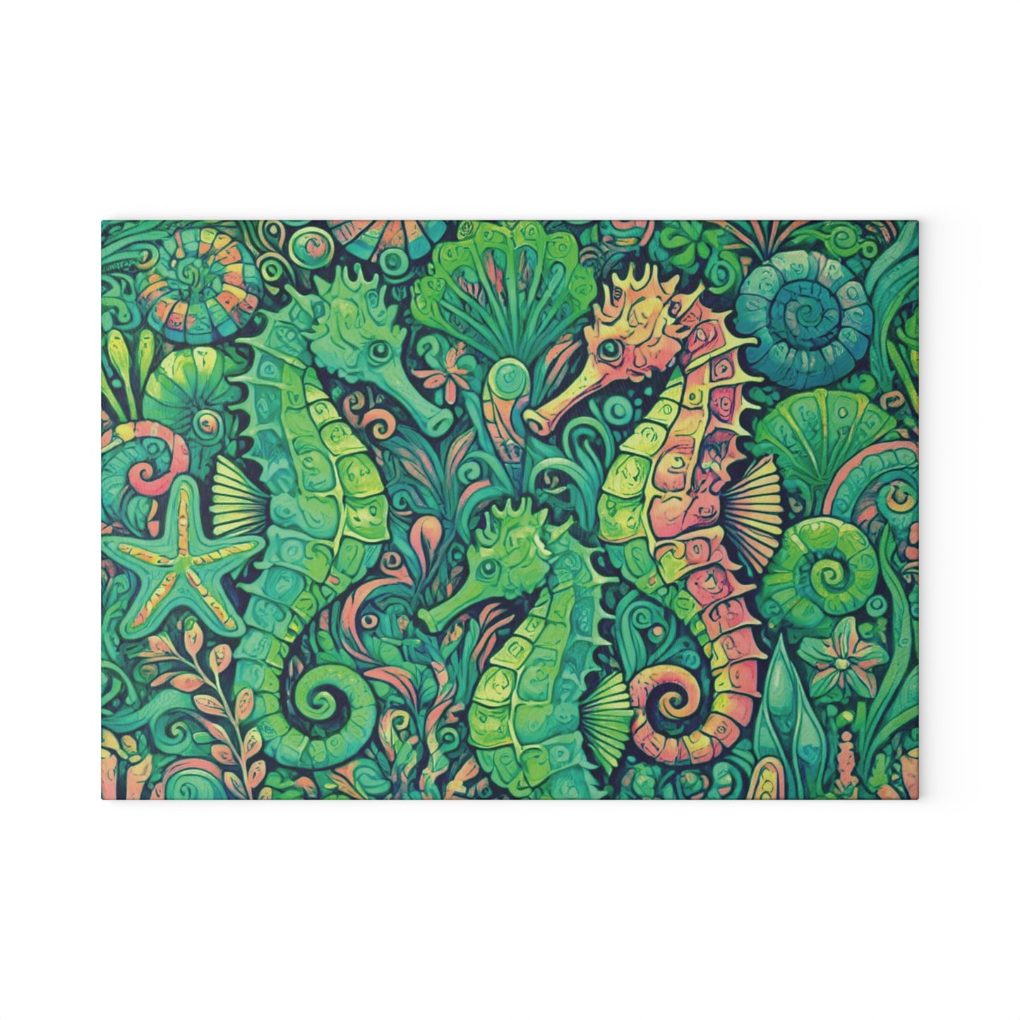 Glass Cutting Board, 2 sizes - Seahorses, Lime