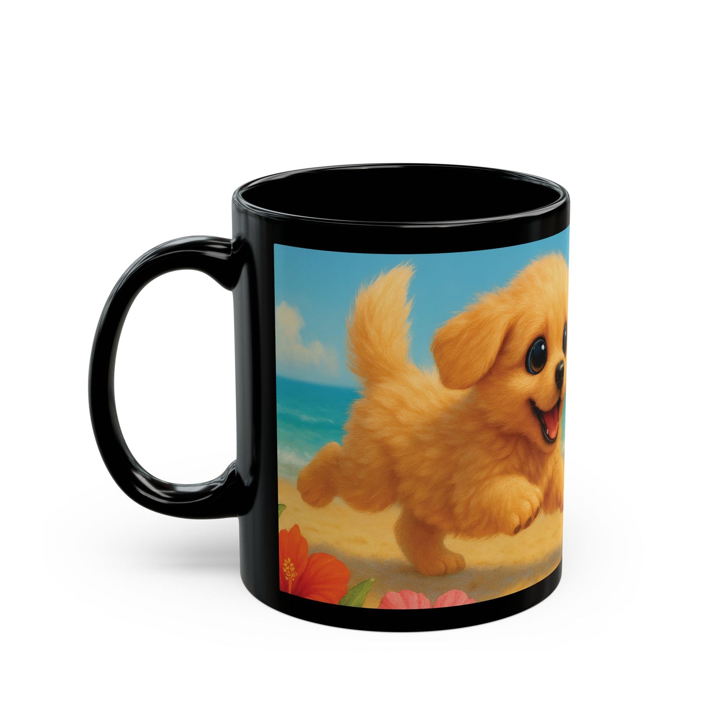 Black Coffee Mug - Two Puppies on Beach