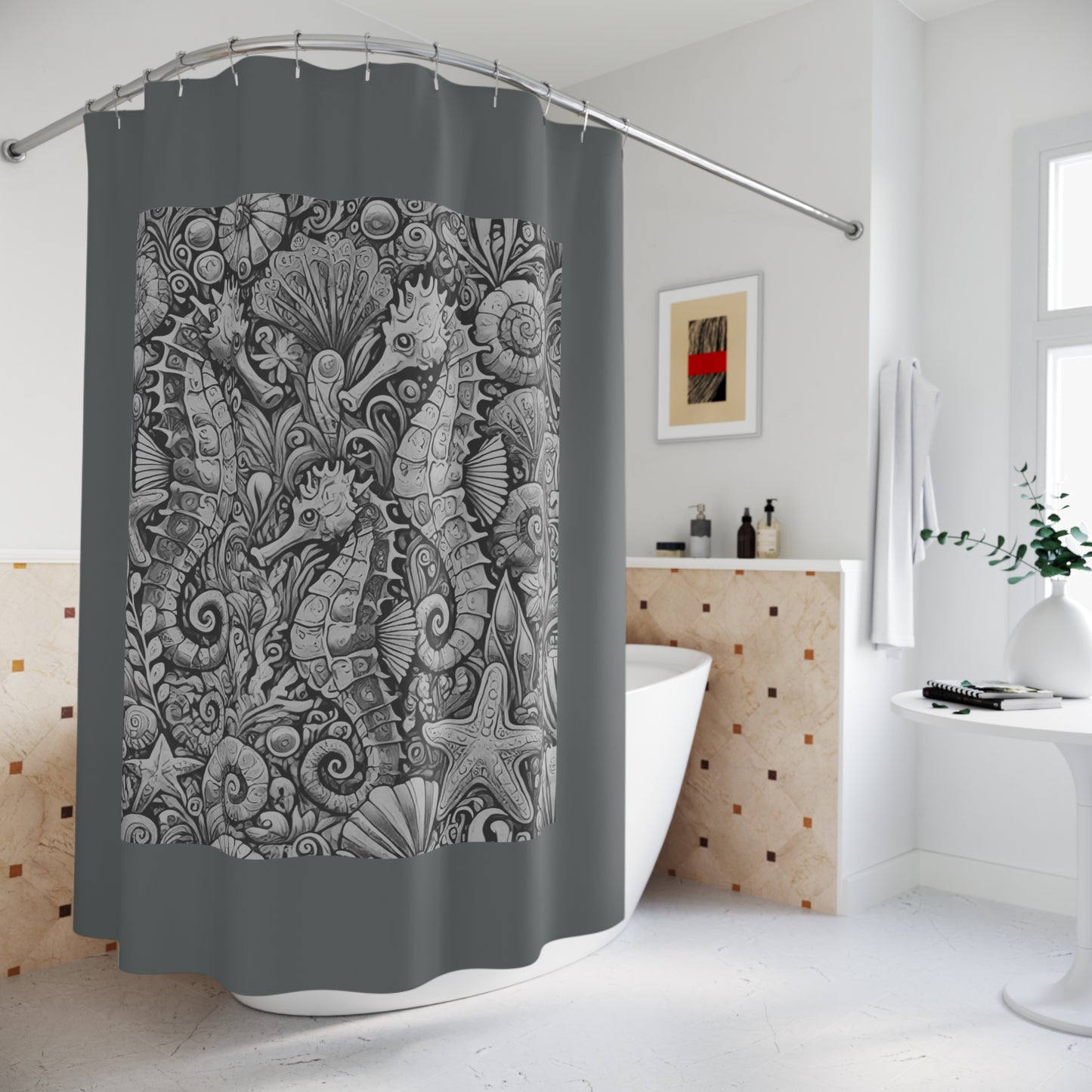 Tropical Shower Curtain - Ocean Bathroom Decor / Seahorse Trio Noir/Dark Grey
