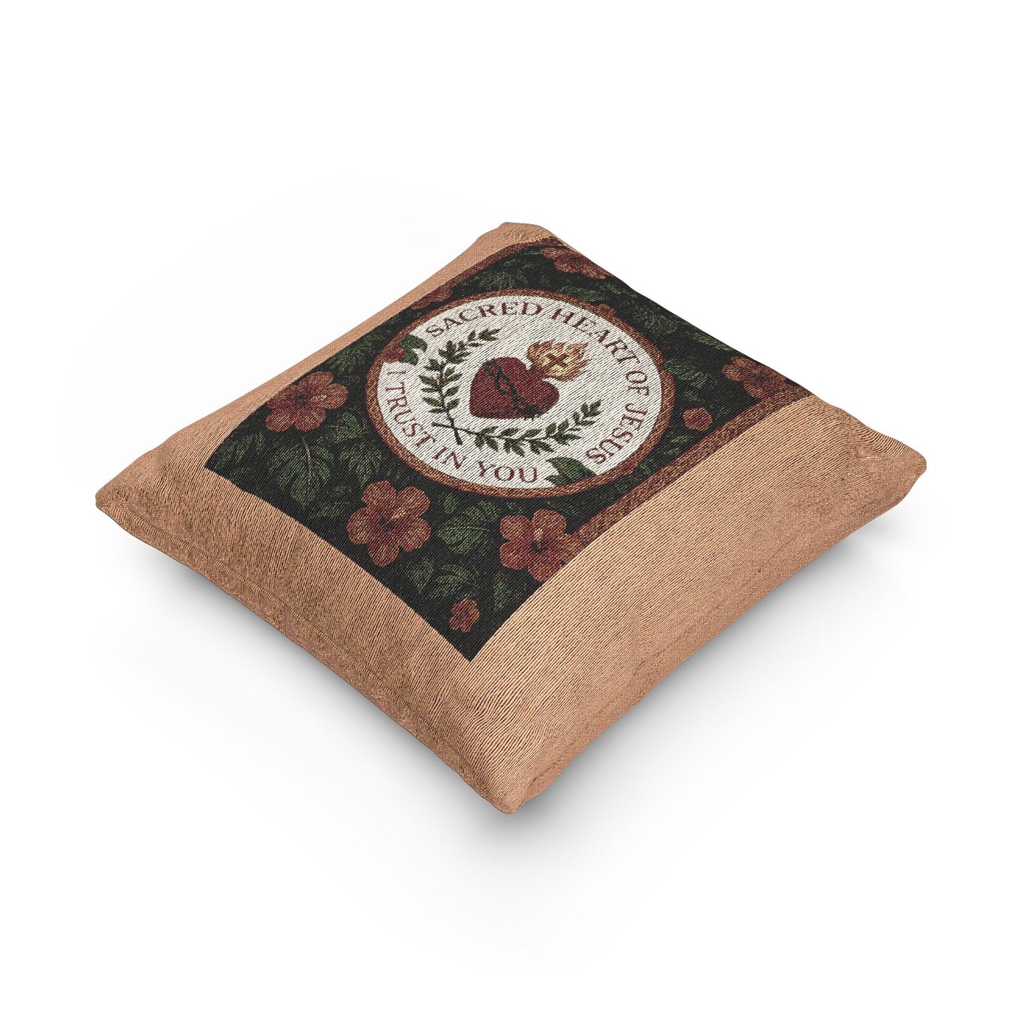 Religious Woven Pillow, 17"W x 18"L - Sacred Heart of Jesus Prayer, Lt. Orange