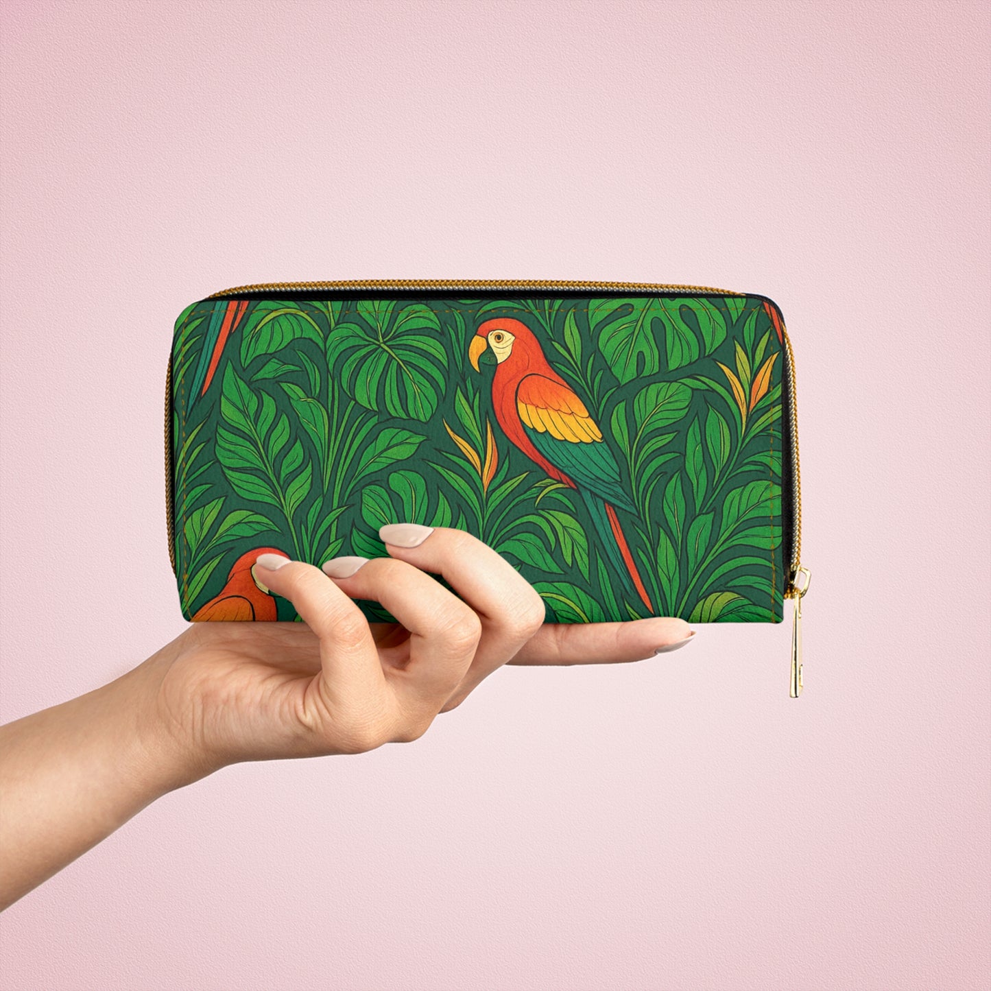 Tropical Zipper Wallet, Faux Leather / Vibrant Clutch / Parrot Family