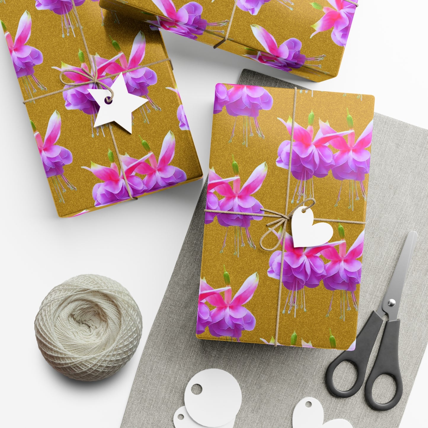 Gift Wrap Papers, Two Pink Fuchsias / Gold