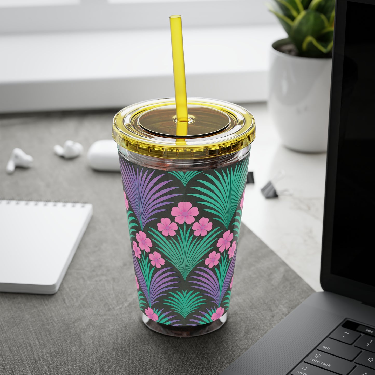 Tropical Tumbler with Straw | 16oz Colorful Travel Cup / Midnight Hibiscus Deco, Pink