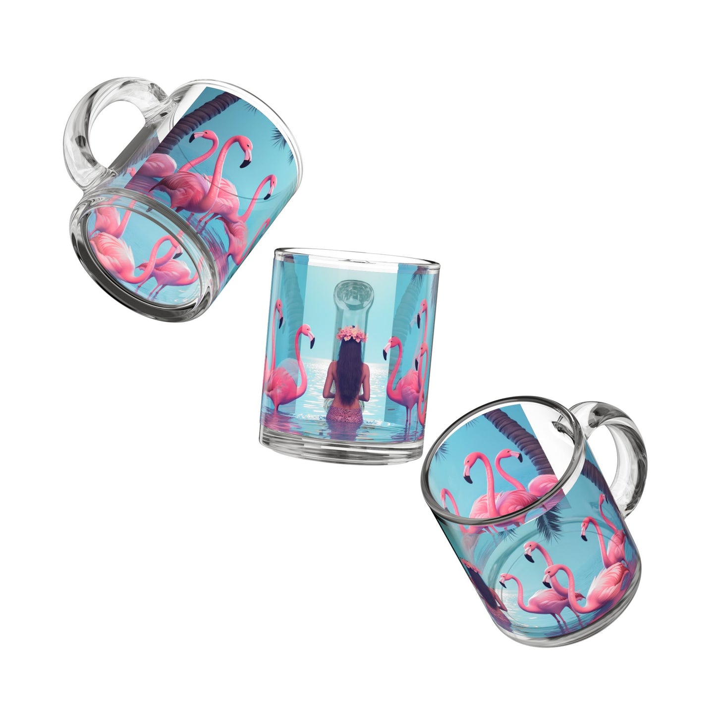 Tropical Glass Mug - 10oz Coffee Cup / Moonlit Mermaid and Flamingos