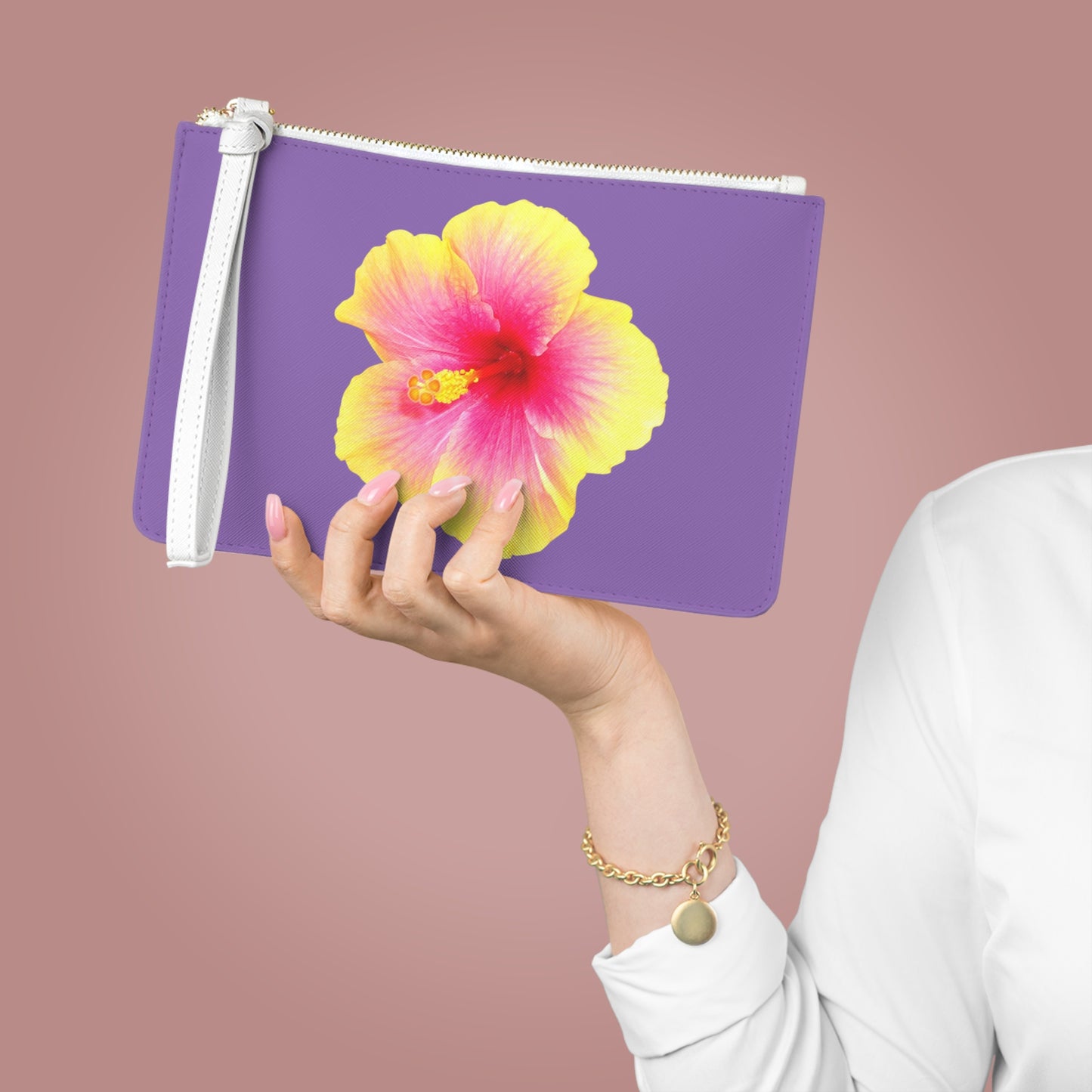 Tropical Faux Leather Clutch Bag - Perfect for Beach Adventures & Summer Vacations / Photo Yellow Hibiscus, Lt. Purple