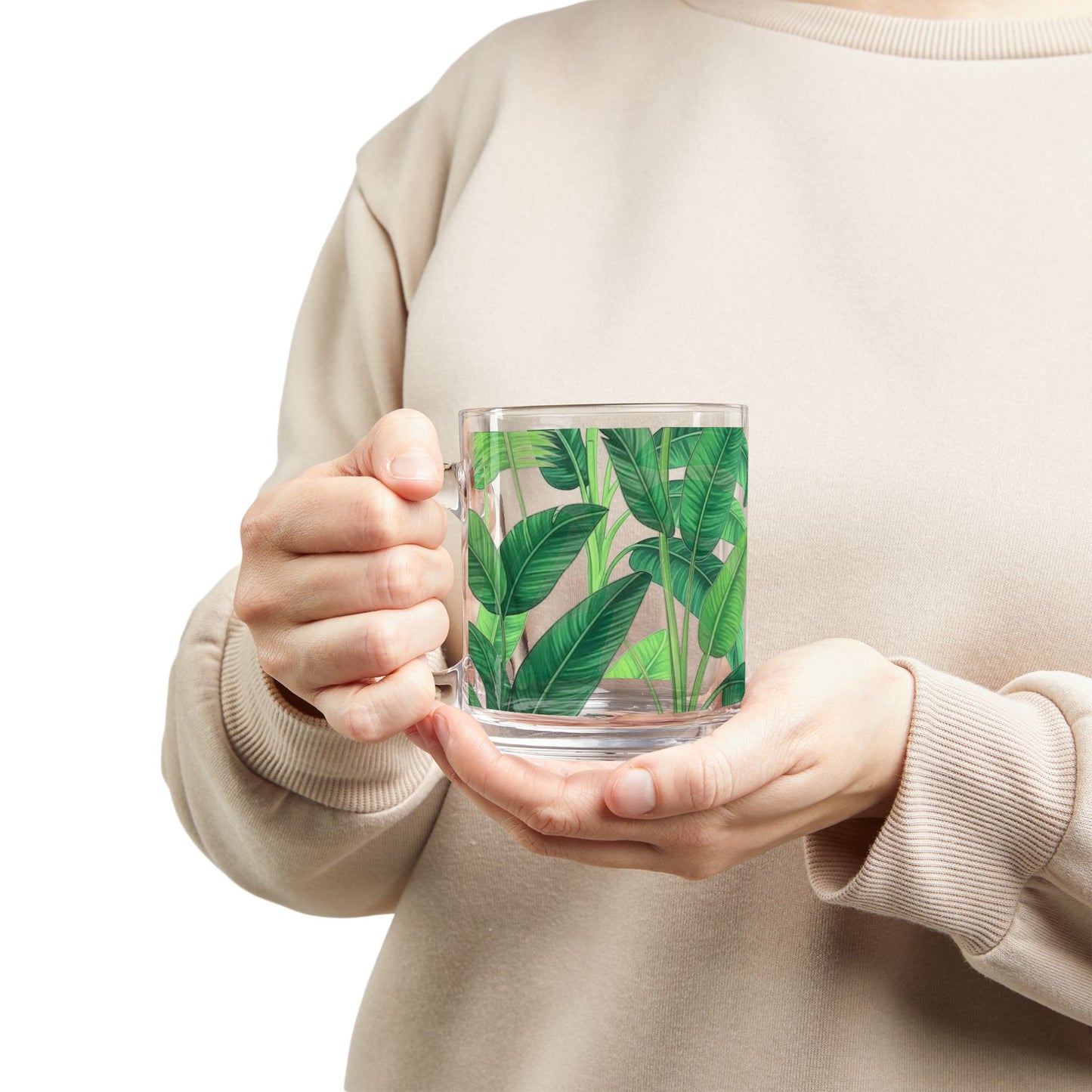 Tropical Glass Mug - 10oz Coffee Cup / Tropical Leaves