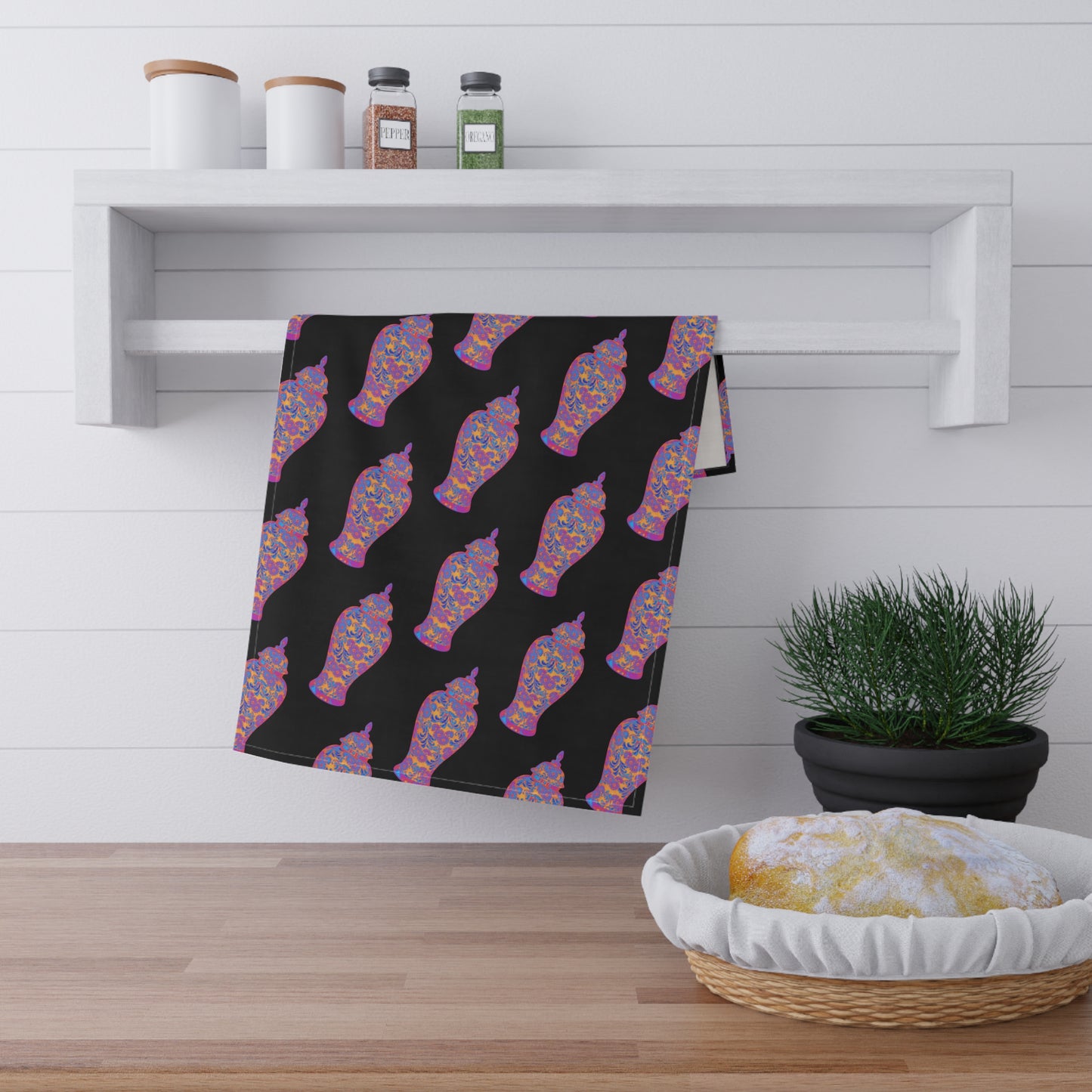 Tea Towels (cotton, poly), Heatwave Ginger Jar repeat black