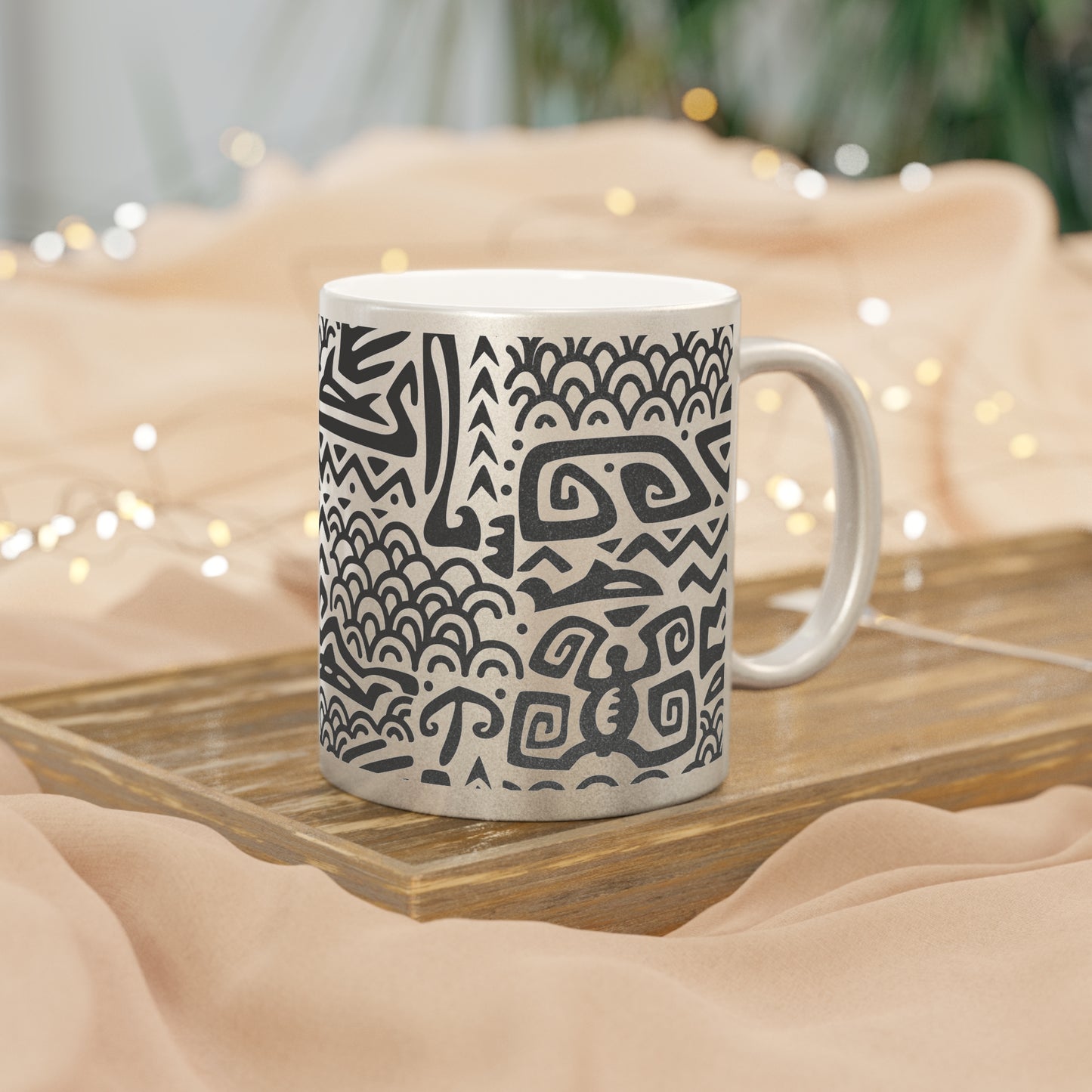 Colorful Flower Metallic Mug, Gold or Silver - Tiki Aztec Black