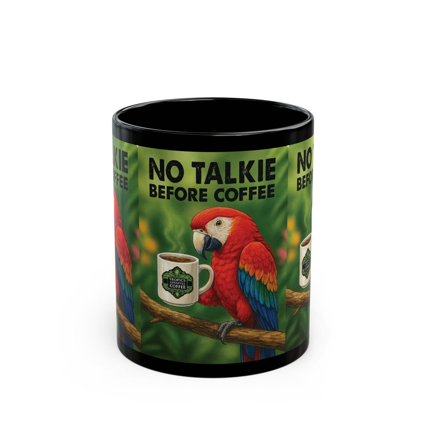 Black Coffee Mug - No Talkie Before Talkie, Red Parrot
