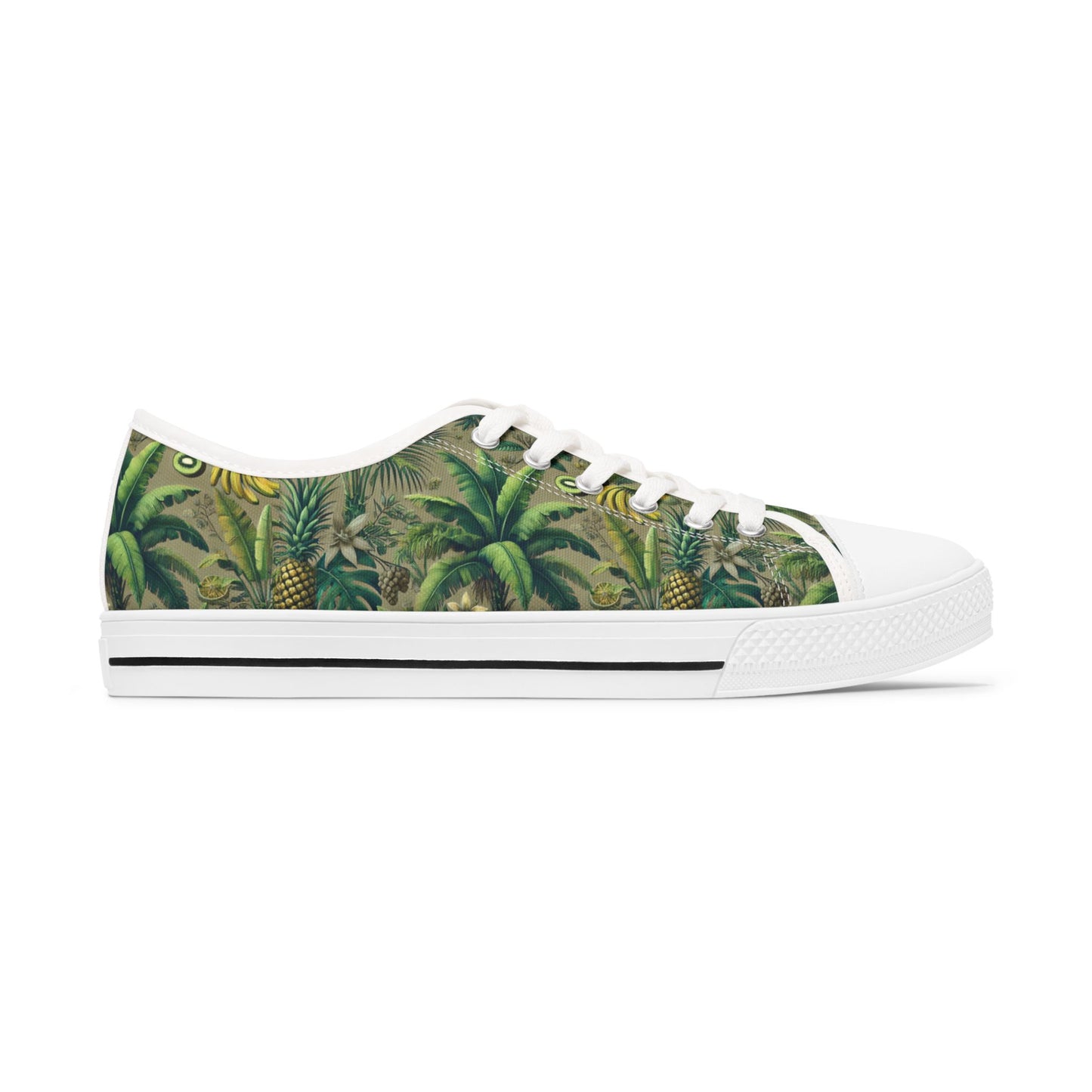 Stylish Women's Low Top Sneakers - Trendy Tropical Casual Footwear for Everyday Wear / Palms and Tropical Fruit/Taupe