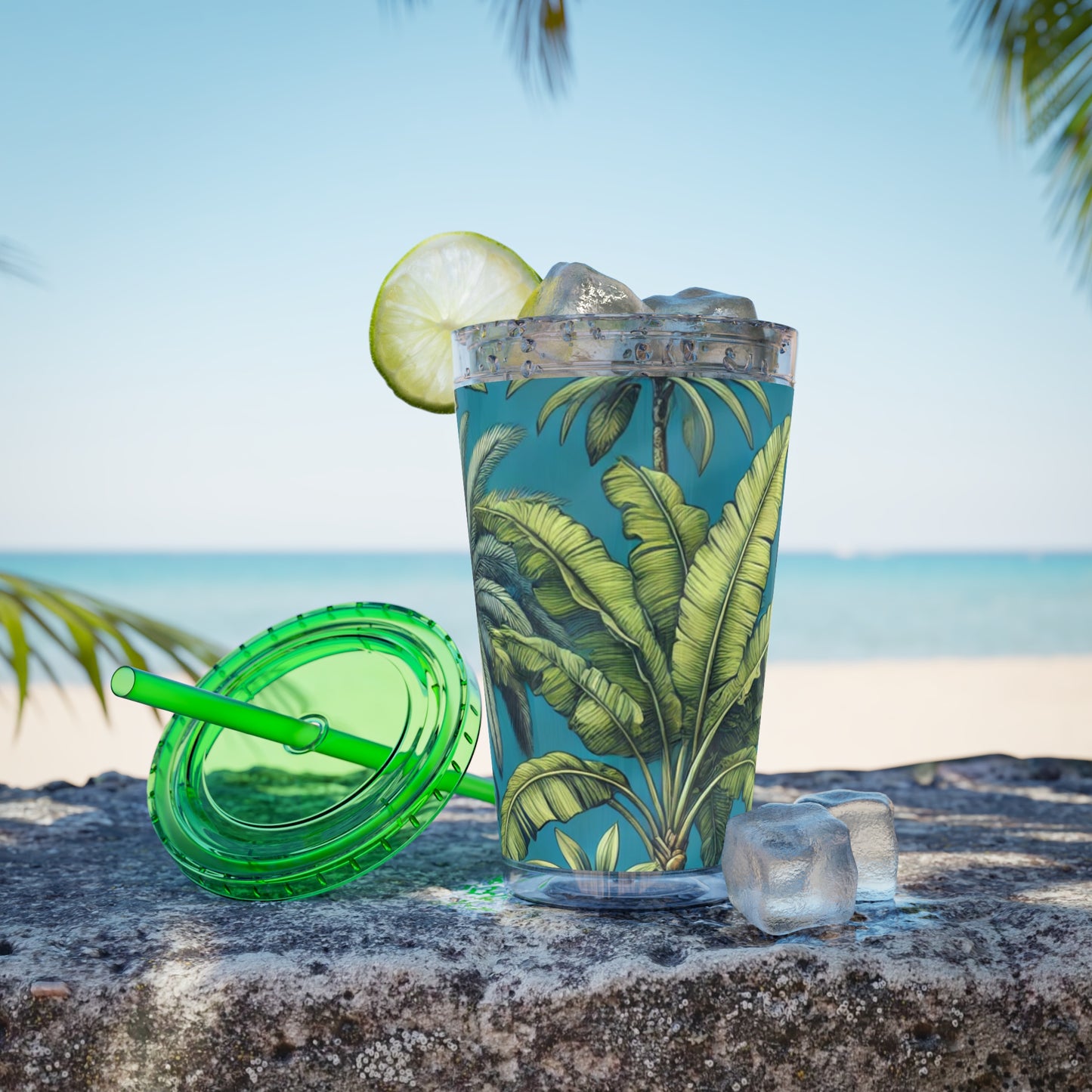 Tropical Tumbler with Straw | 16oz Colorful Travel Cup / Tropical Fruit Blue