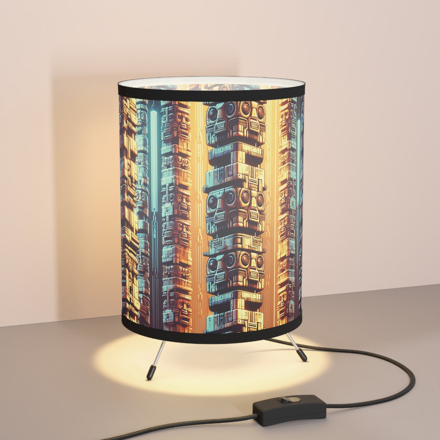 Techno Tiki Totems Tripod Lamp with Artistic High-Res Shade - Perfect for Home Décor